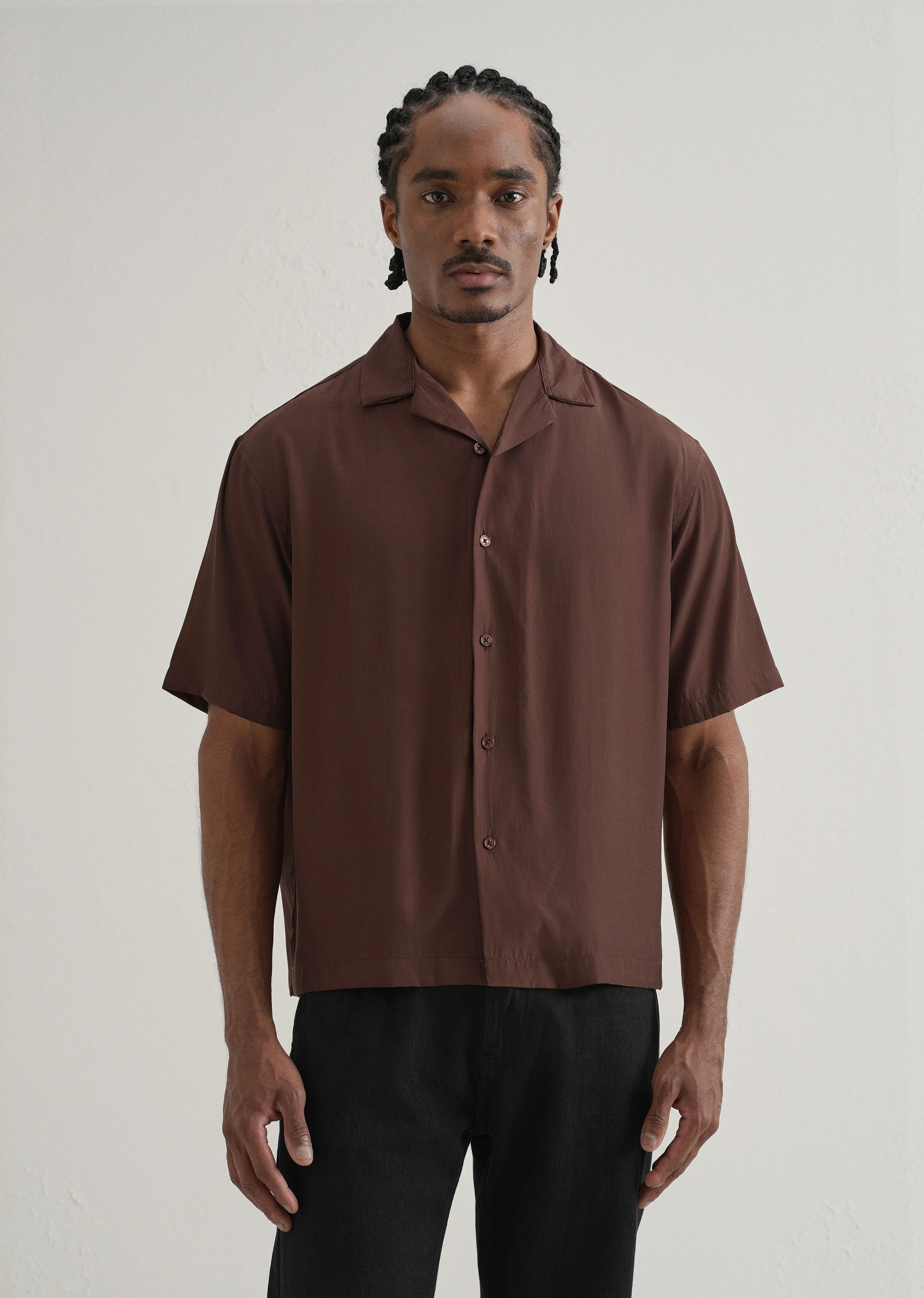 Brown Plain Sheen Cuban Collar Shirt - Image 3