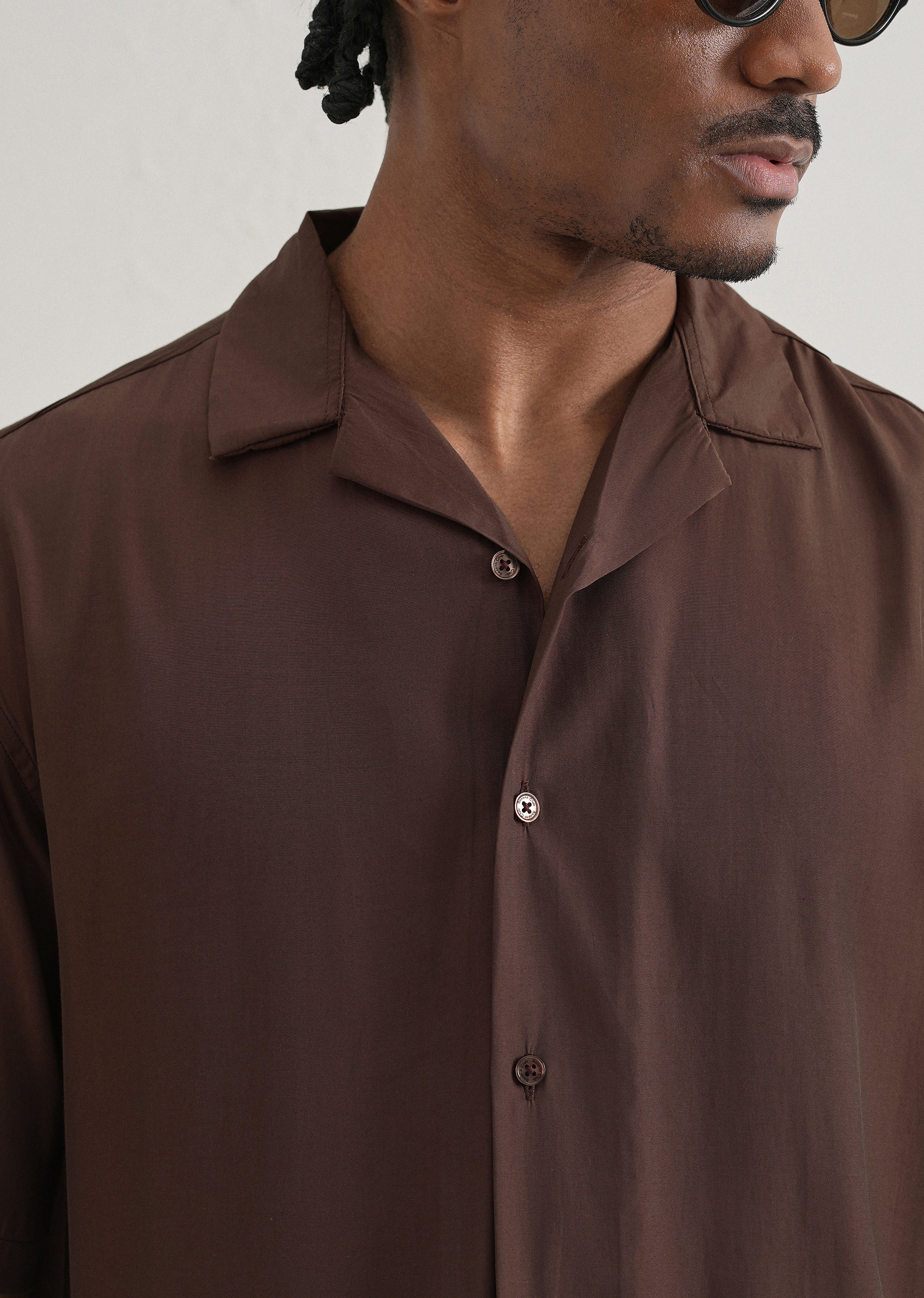 Brown Plain Sheen Cuban Collar Shirt - Image 5