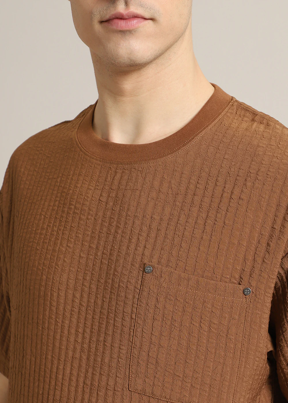 Brown Plain Textured Oversized T-shirt - Image 2