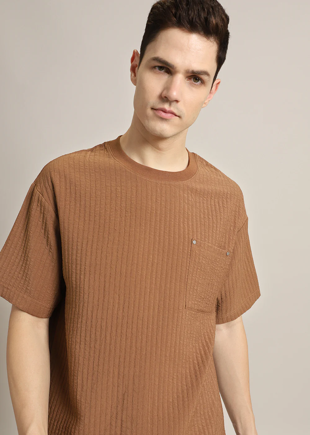 Brown Plain Textured Oversized T-shirt - Image 5