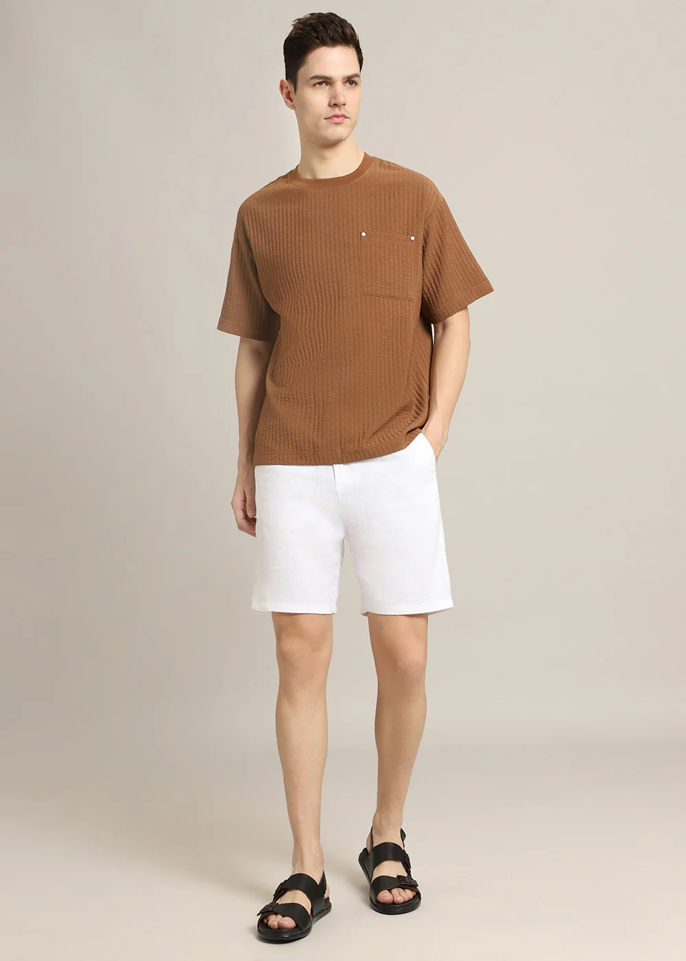 Brown Plain Textured Oversized T-shirt - Image 6