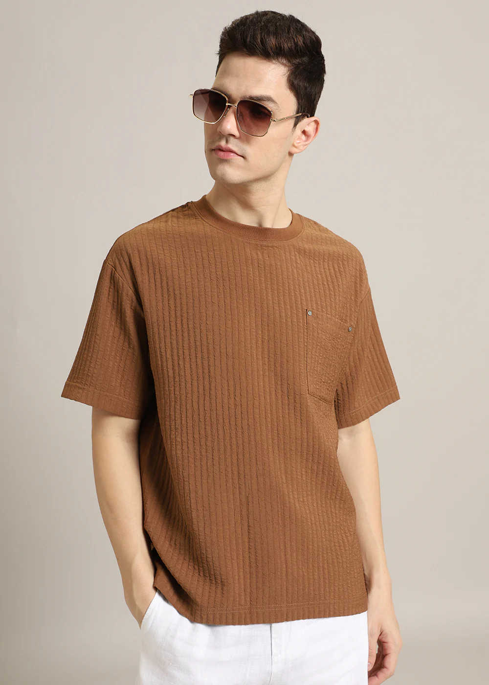 Brown Plain Textured Oversized T-shirt - Image 7