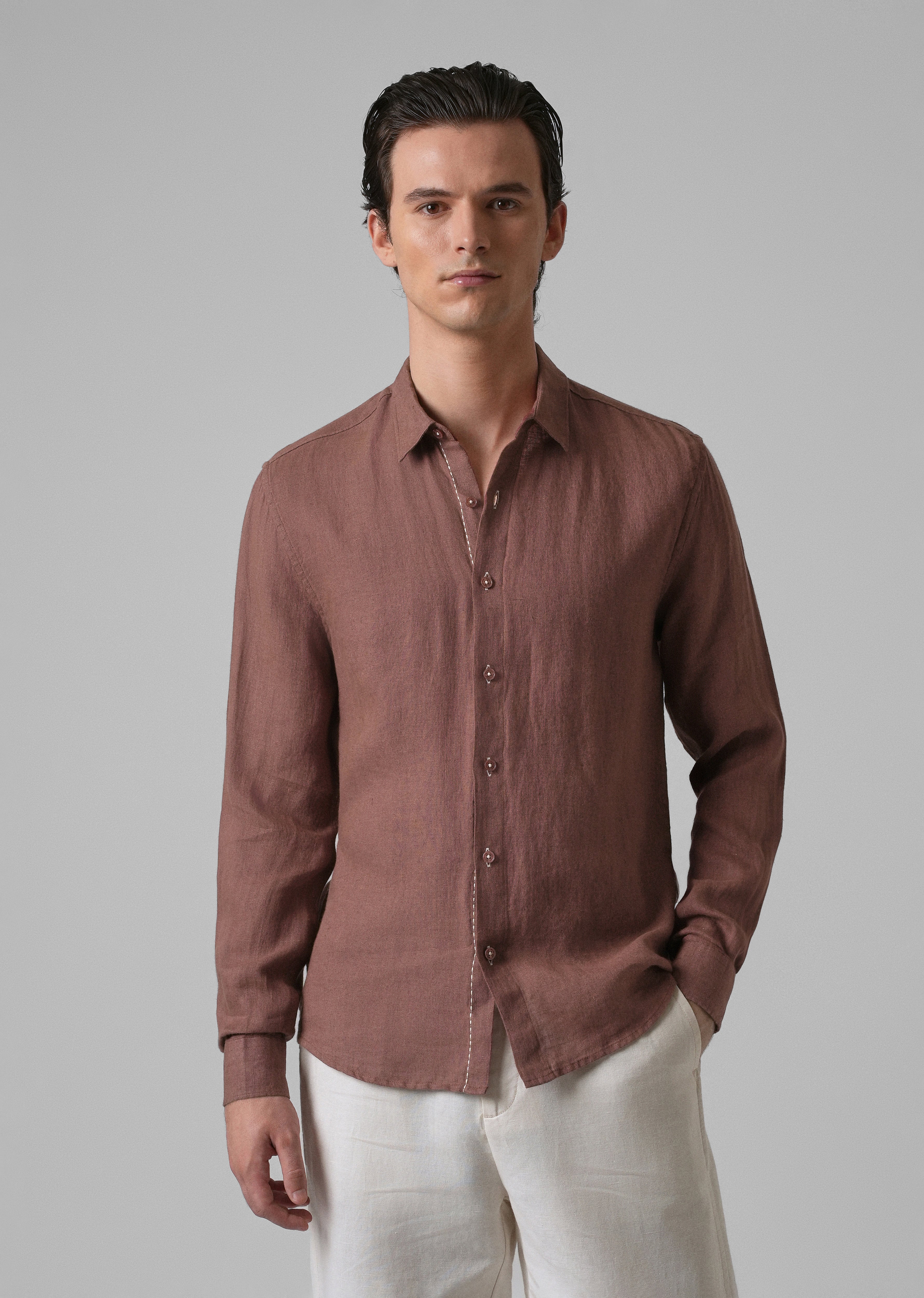 Brown Pure Linen Shirt - Image 3