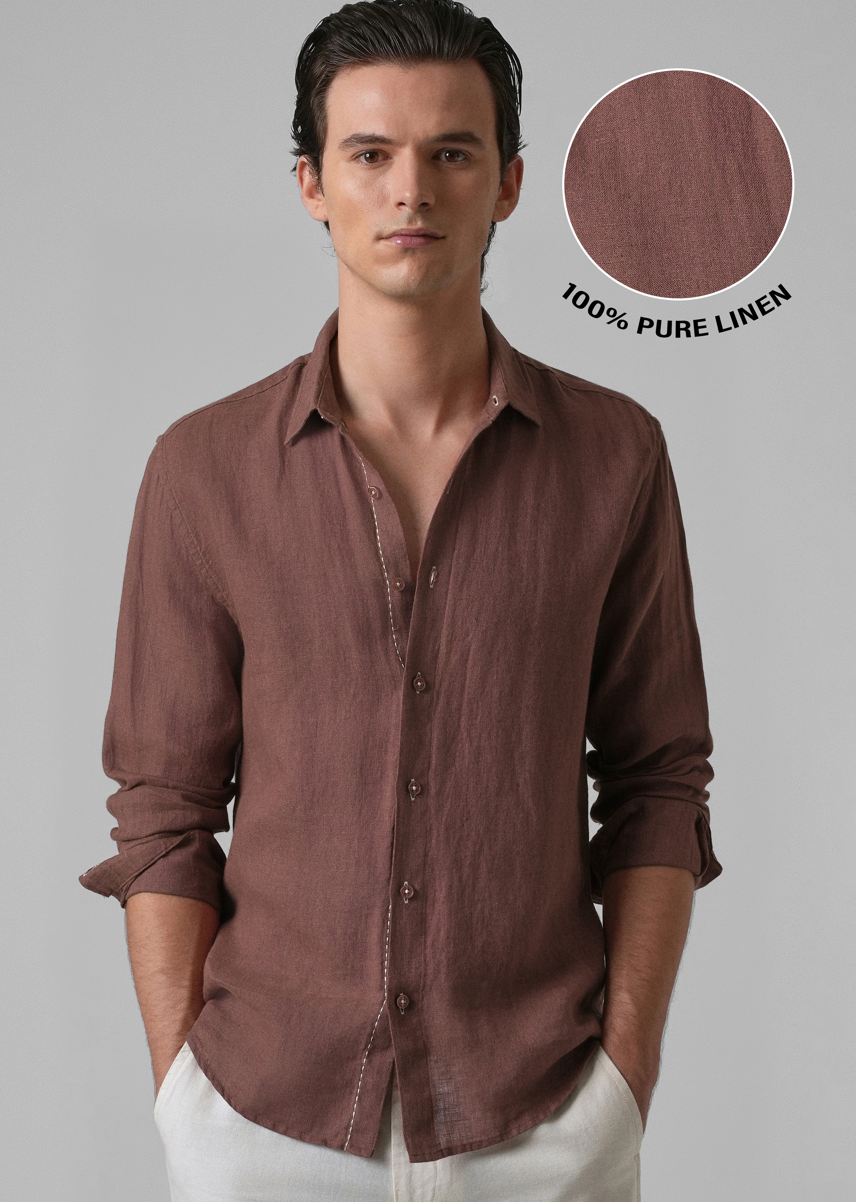 Brown Pure Linen Shirt - Image 7
