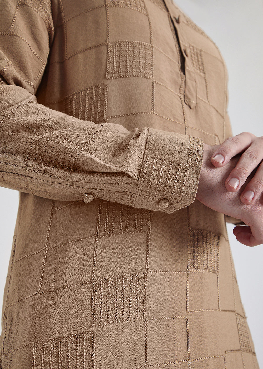 Brown Self Thread Embroidered Kurta - Image 2