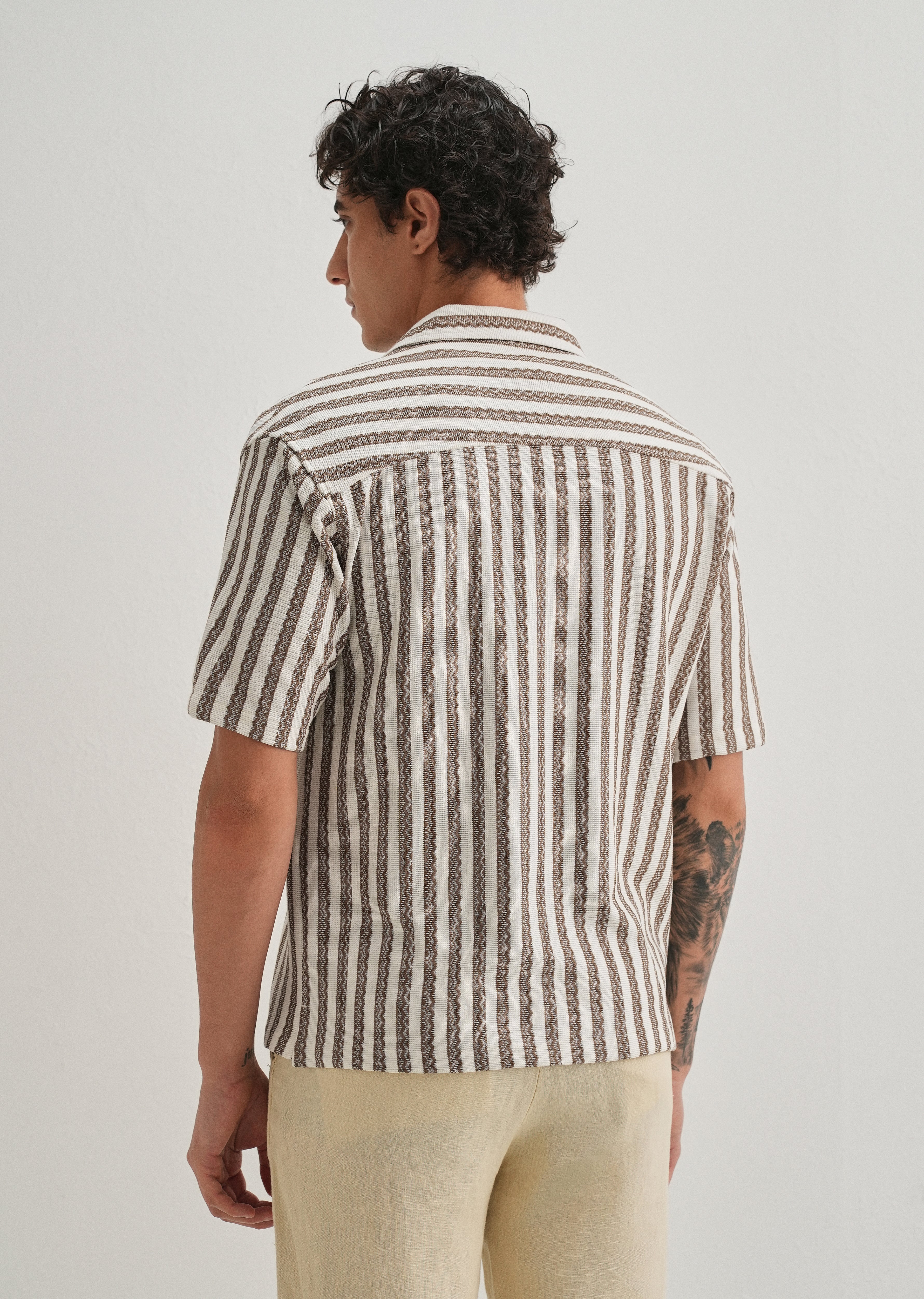 Brown Striped Knit Cuban Collar Shirt - Image 2