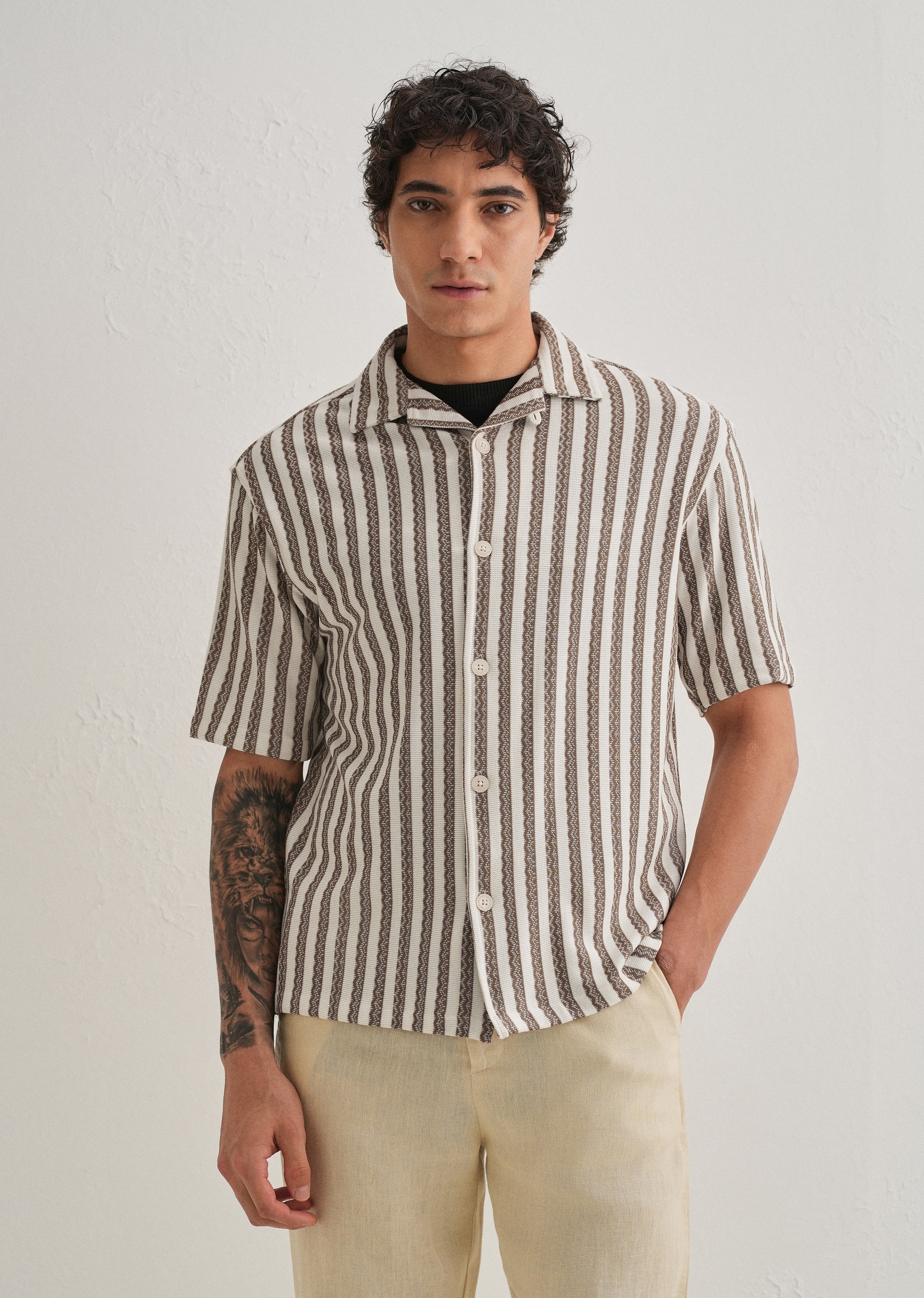 Brown Striped Knit Cuban Collar Shirt - Image 3