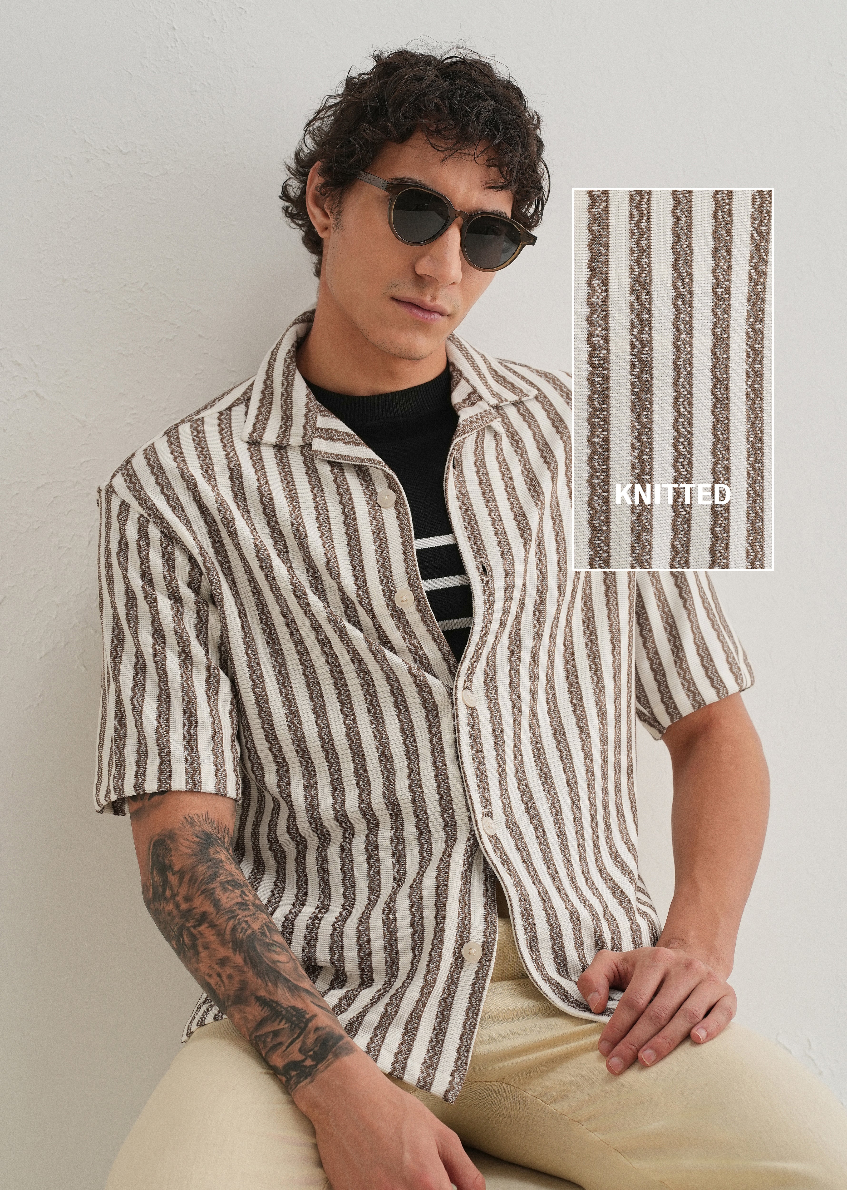 Brown Striped Knit Cuban Collar Shirt - Image 7