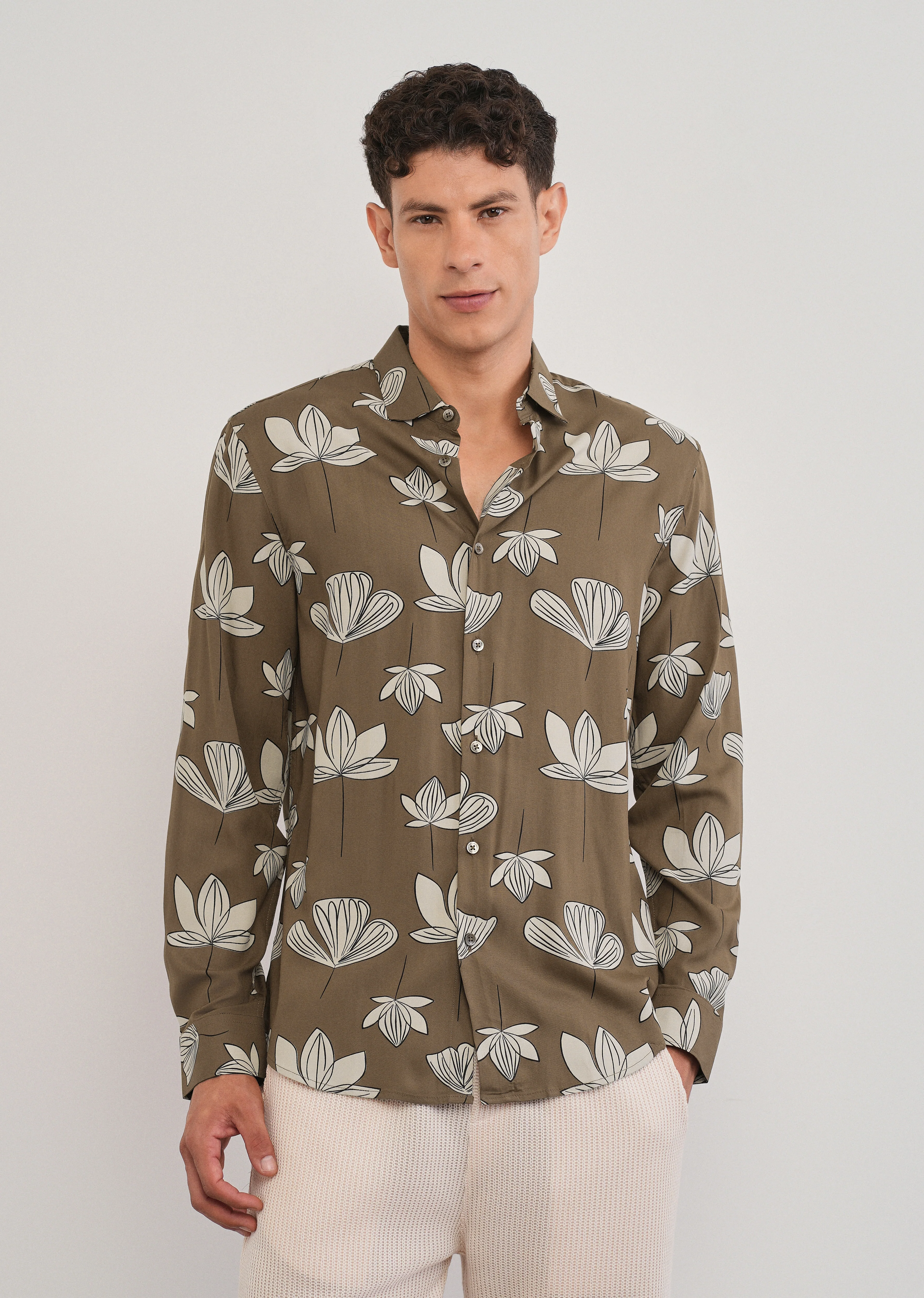 Brown Stylized Floral Print Shirt - Image 3