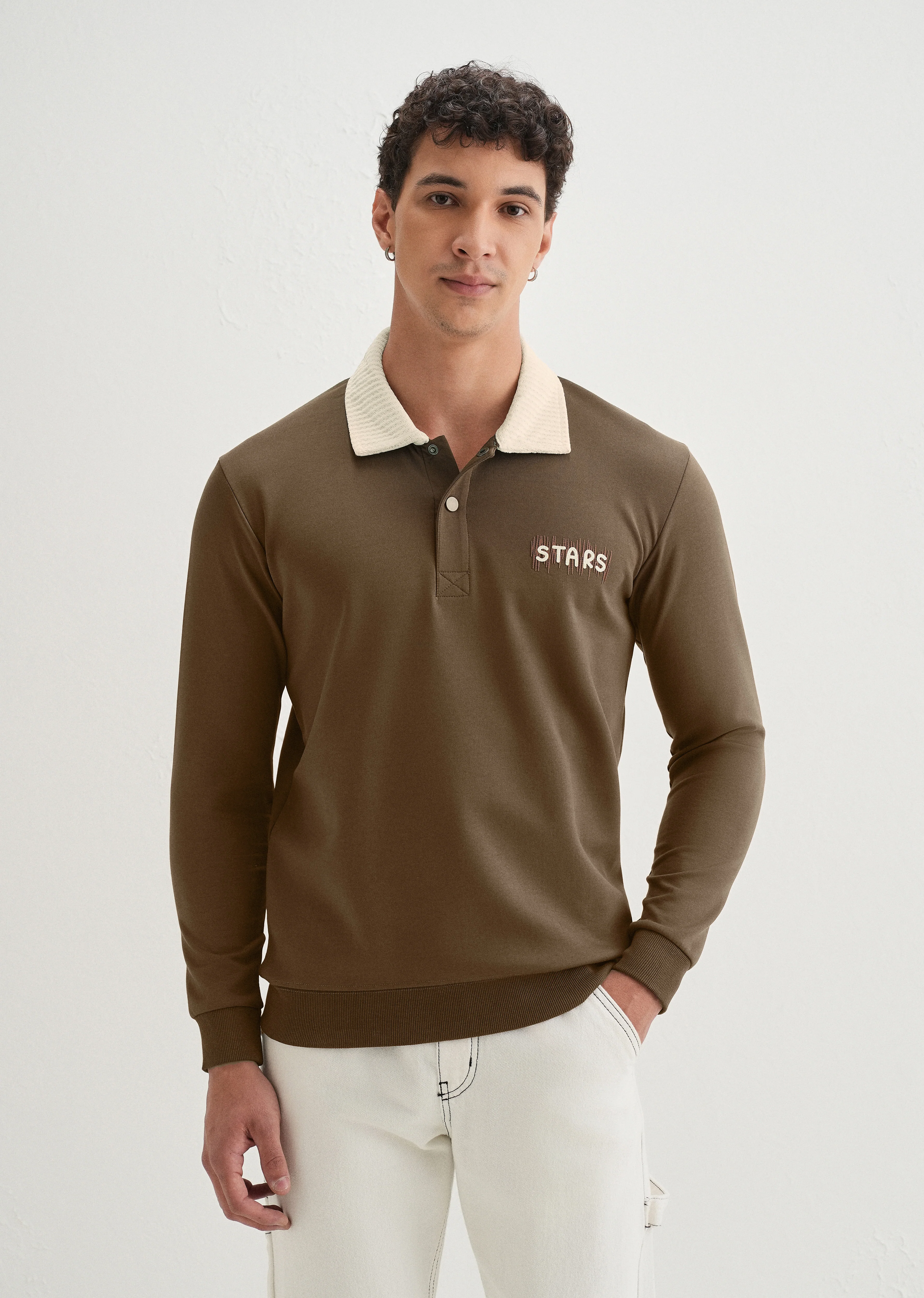 Brown Suede Collared Polo Sweatshirt - Image 3