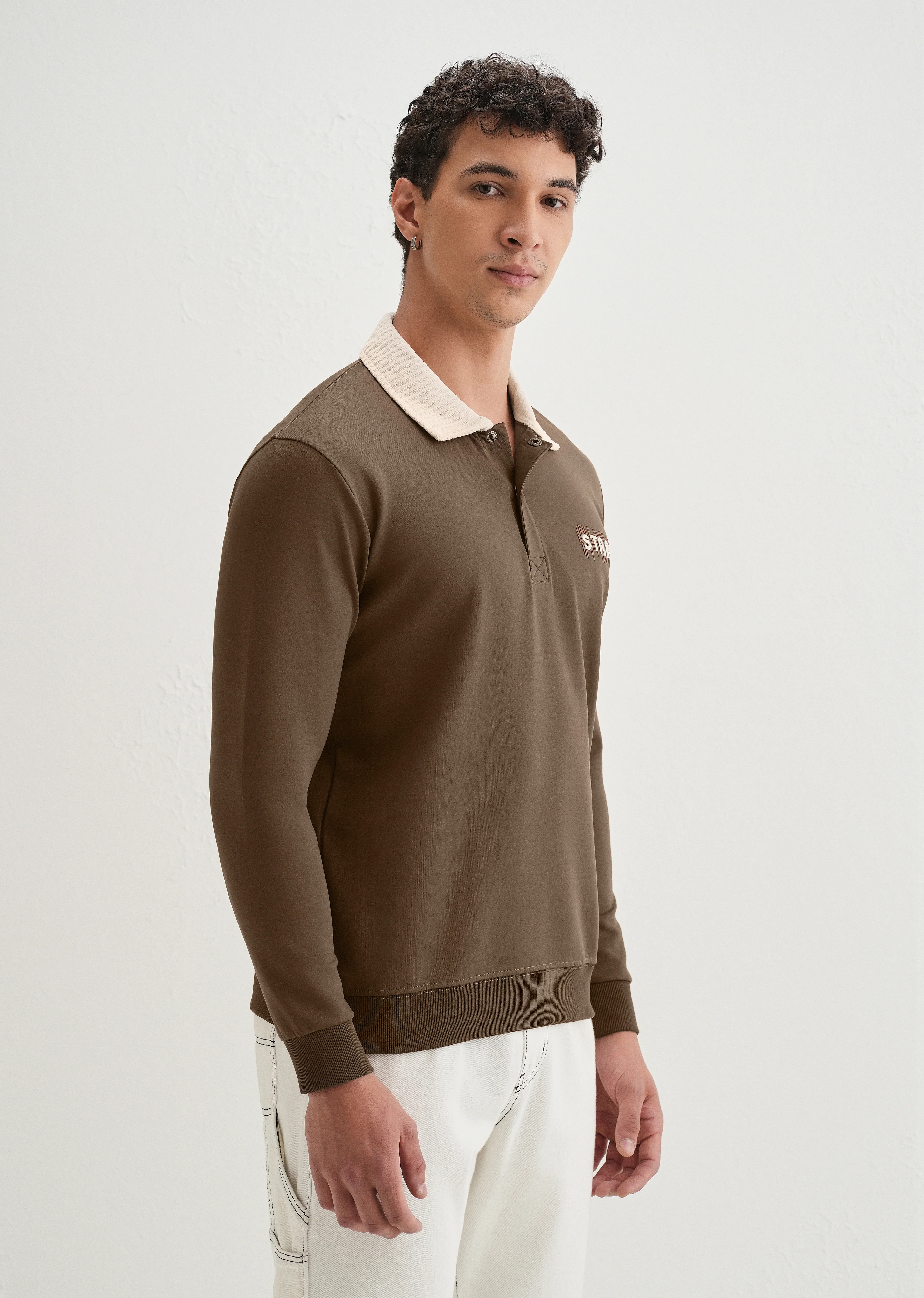 Brown Suede Collared Polo Sweatshirt - Image 4