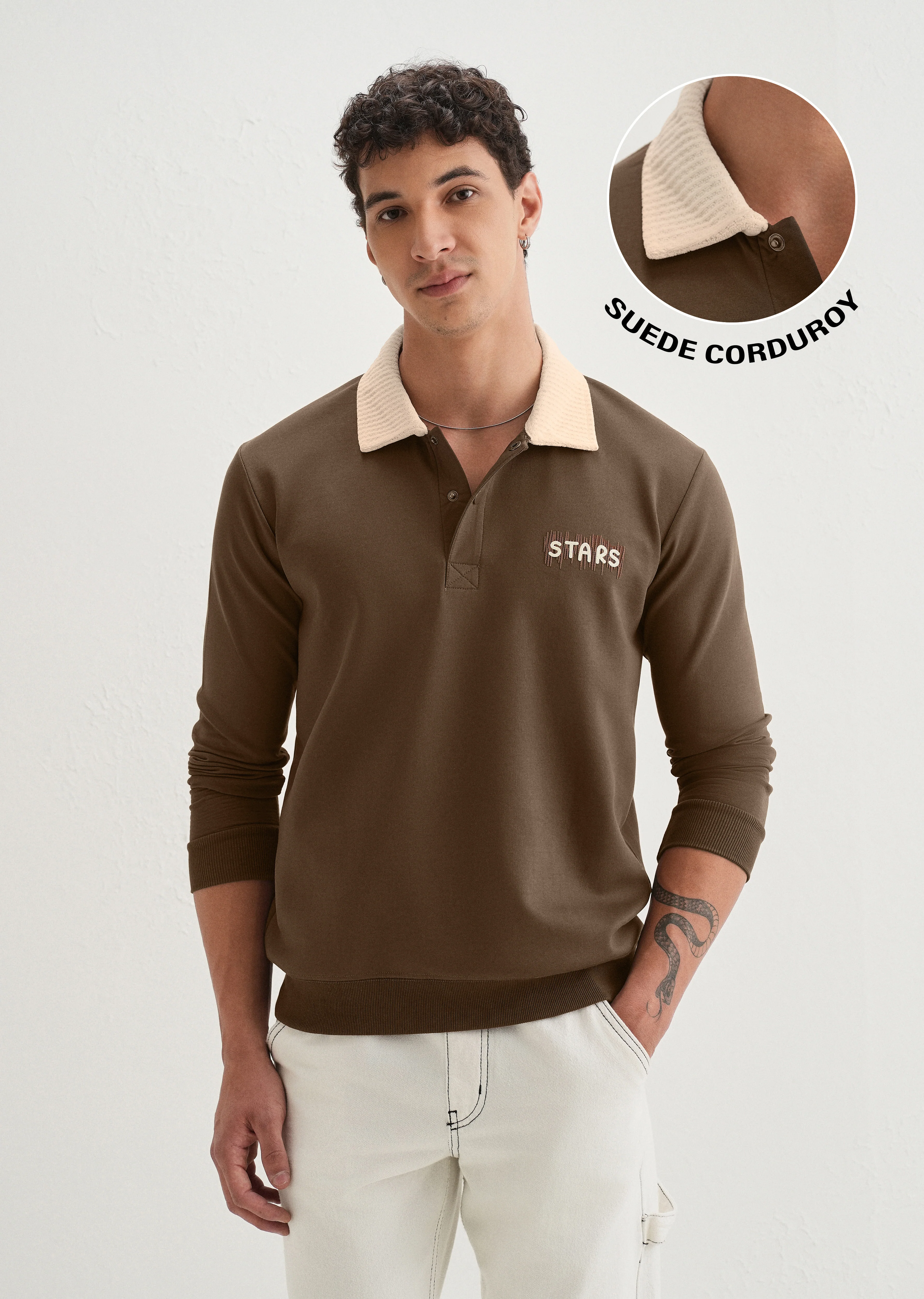 Brown Suede Collared Polo Sweatshirt - Image 7