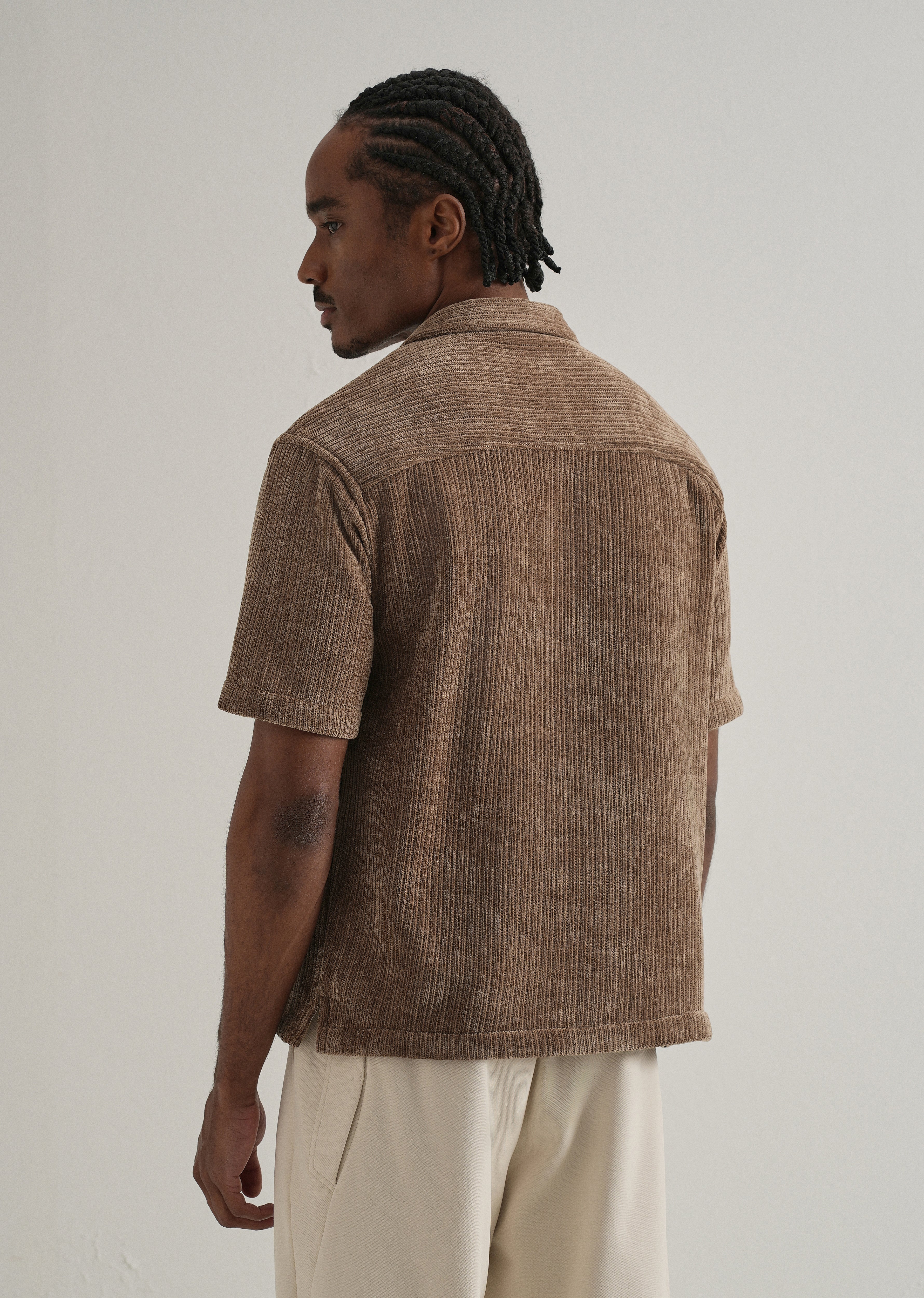 Brown Suede Knit Cuban Collar Shirt - Image 2