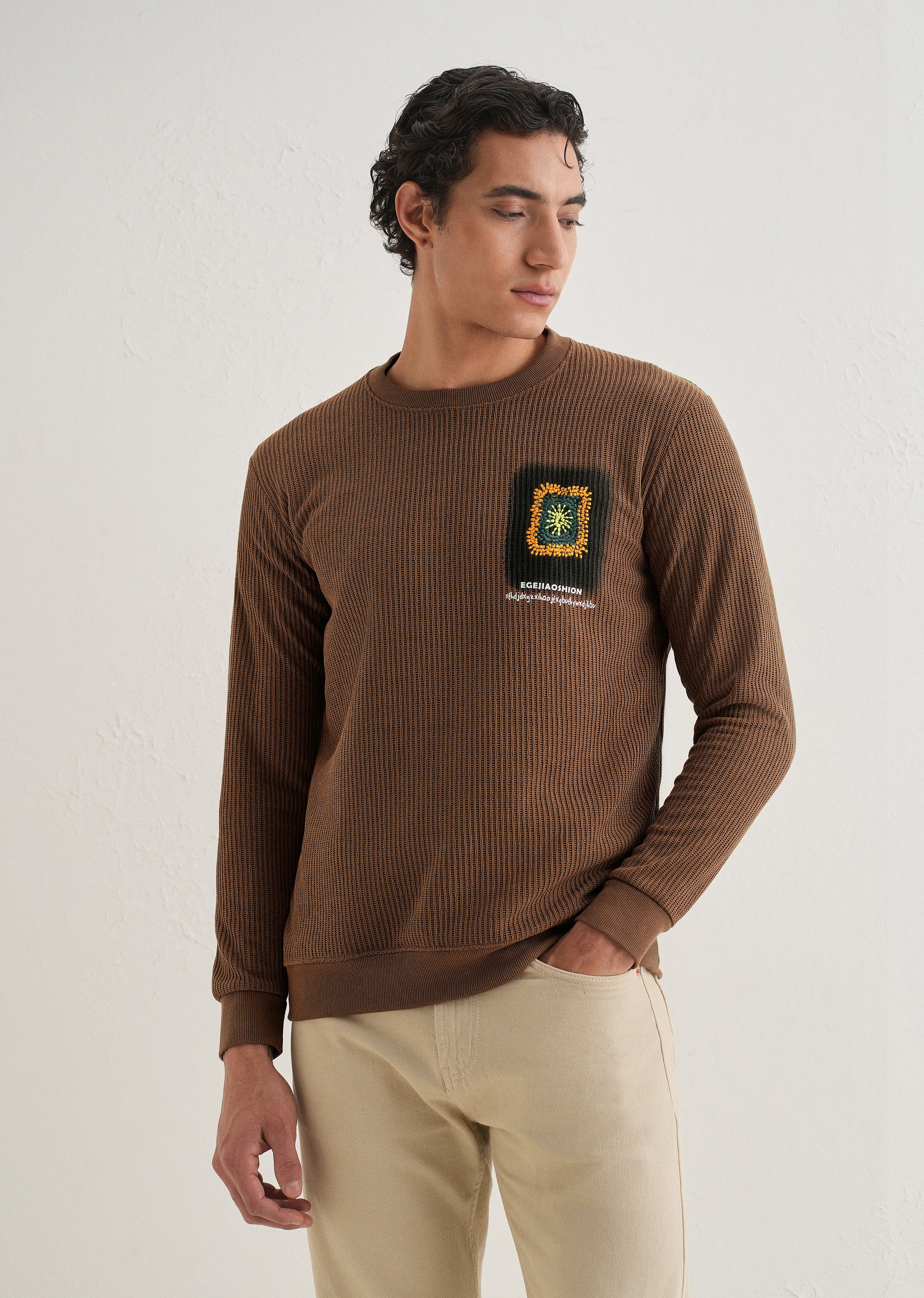 Brown Waffle Knit Embroidered Pullover - Image 4