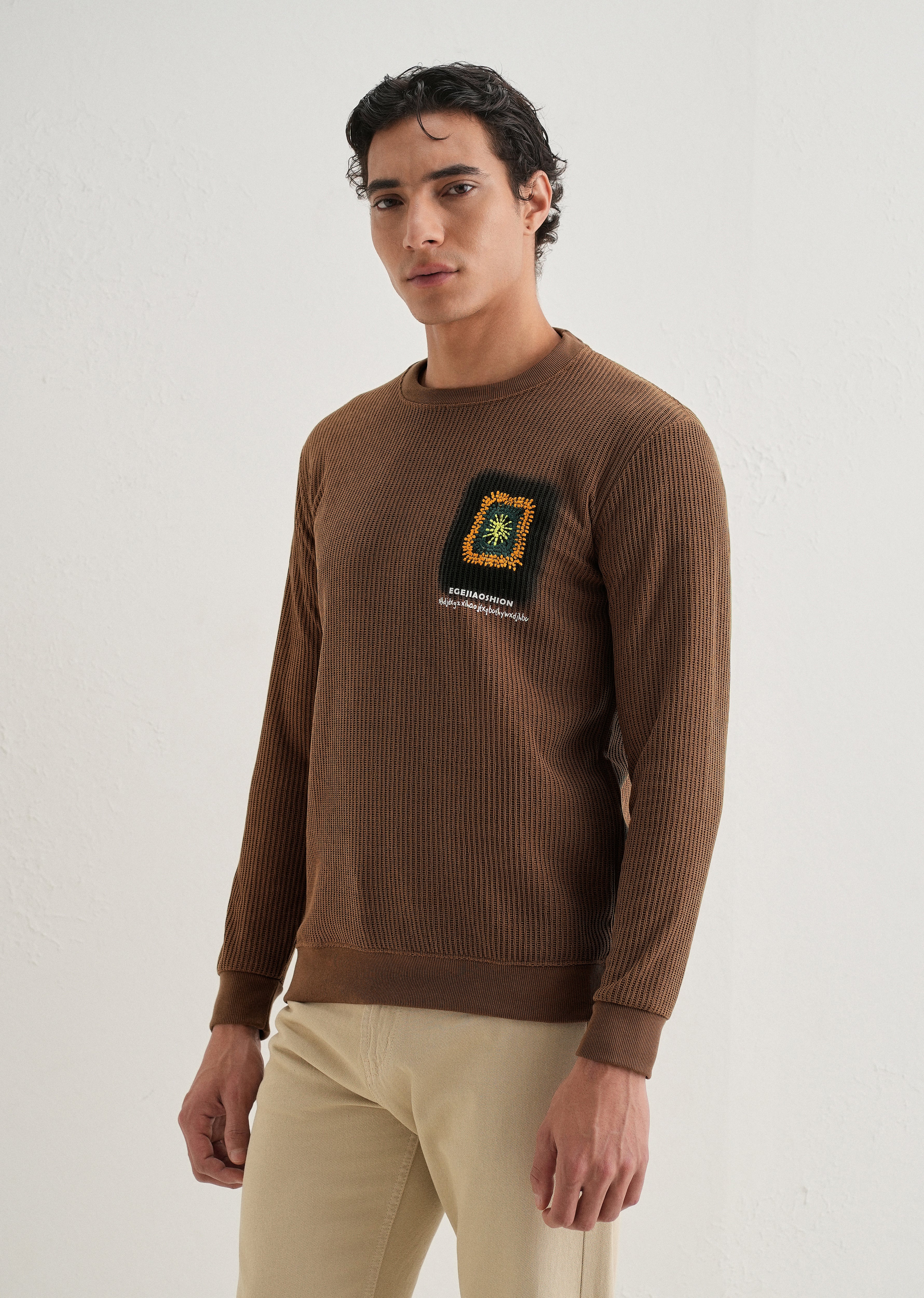 Brown Waffle Knit Embroidered Pullover - Image 5