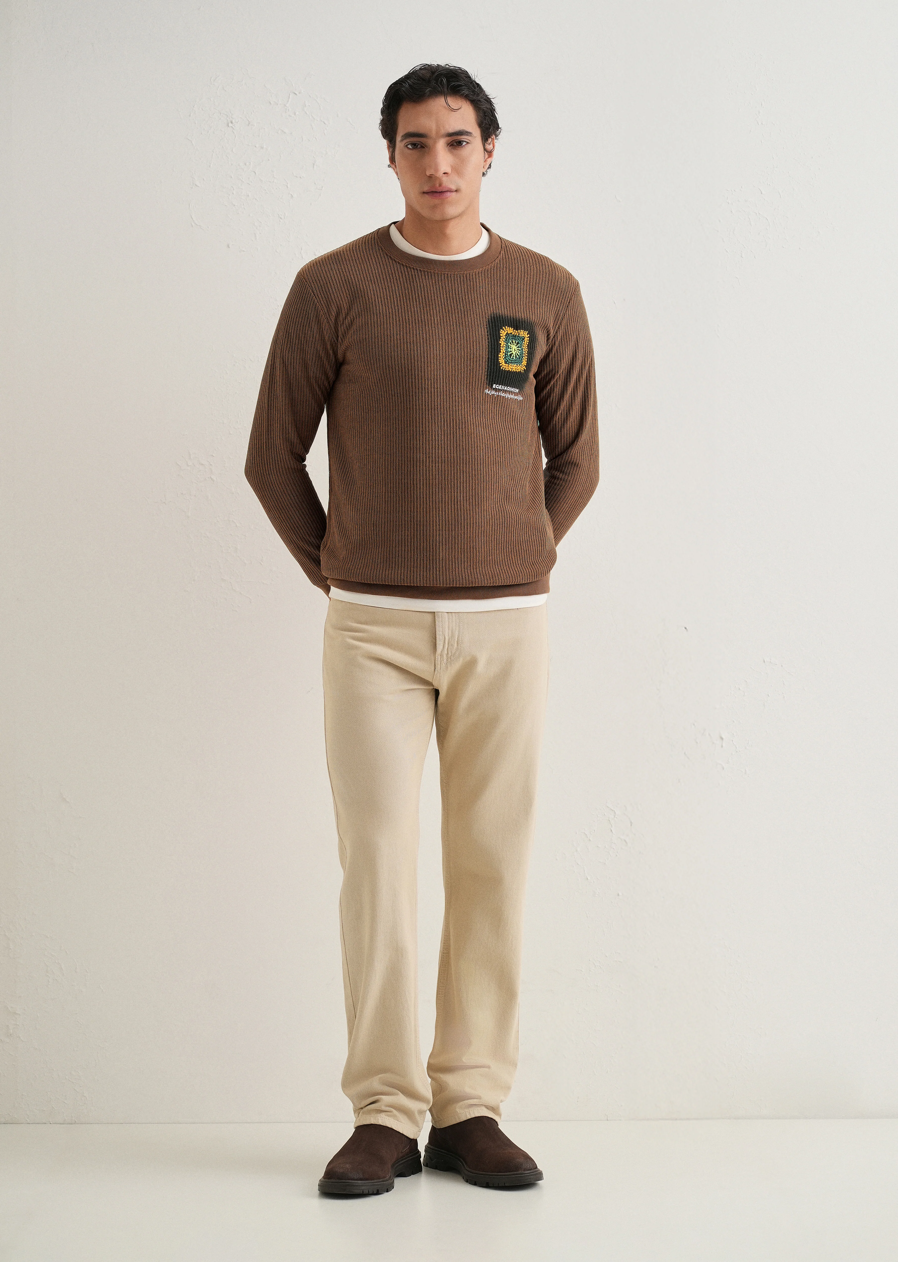 Brown Waffle Knit Embroidered Pullover - Image 6