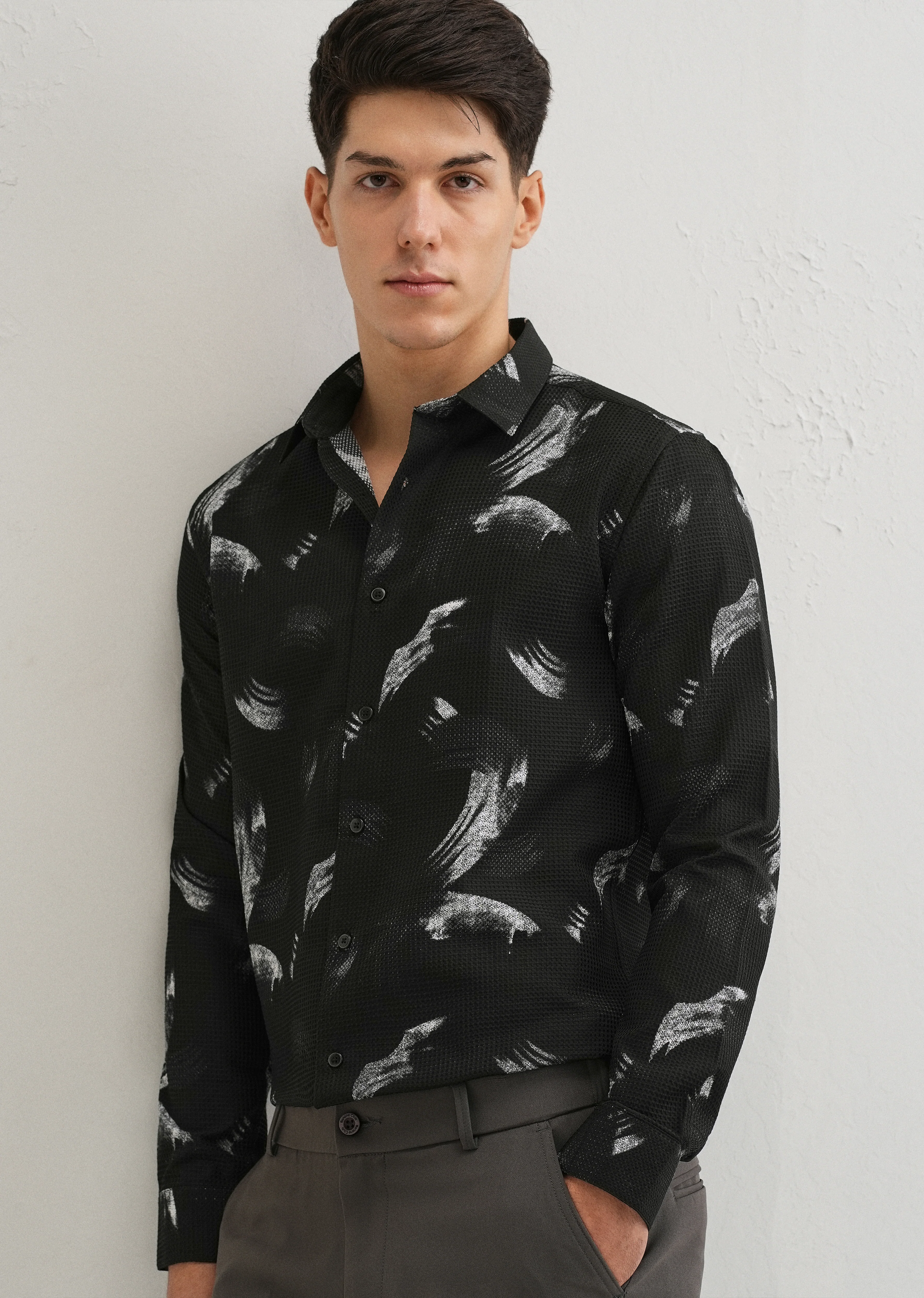 Brush Stroke Waffle Dobby Black Shirt - Image 7