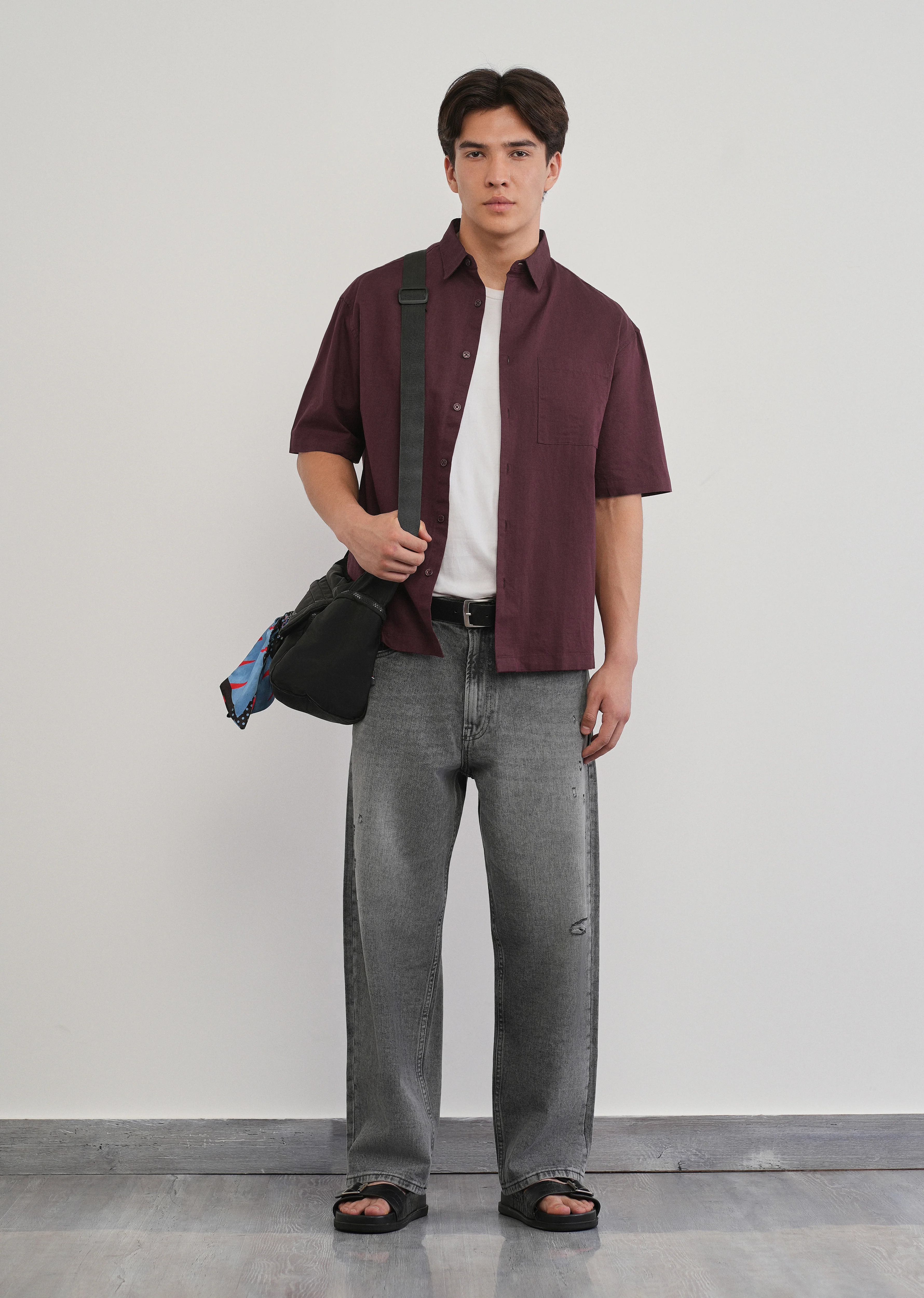 Burgundy Cotton Linen Half Sleeve Shirt - Image 6