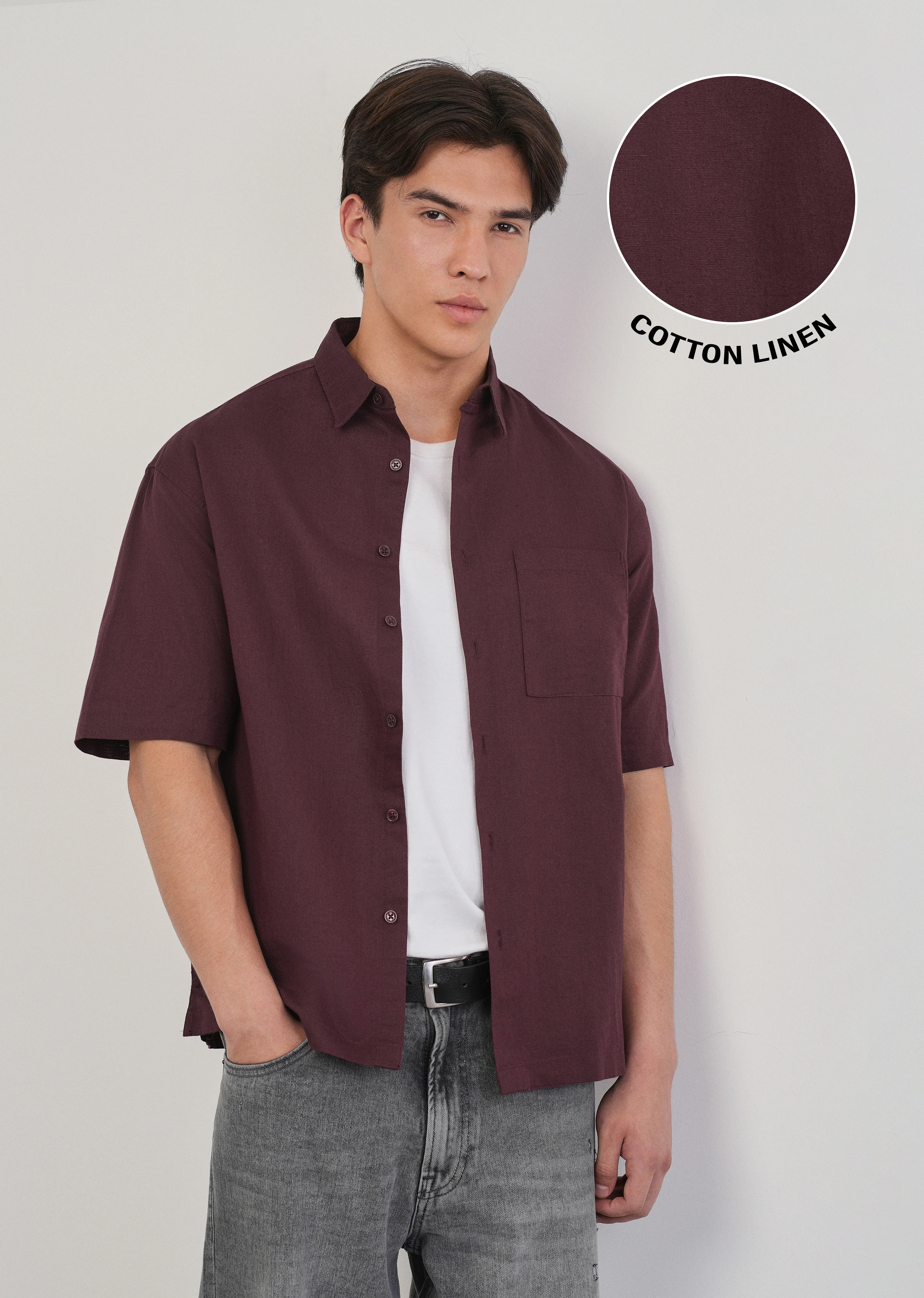 Burgundy Cotton Linen Half Sleeve Shirt - Image 7