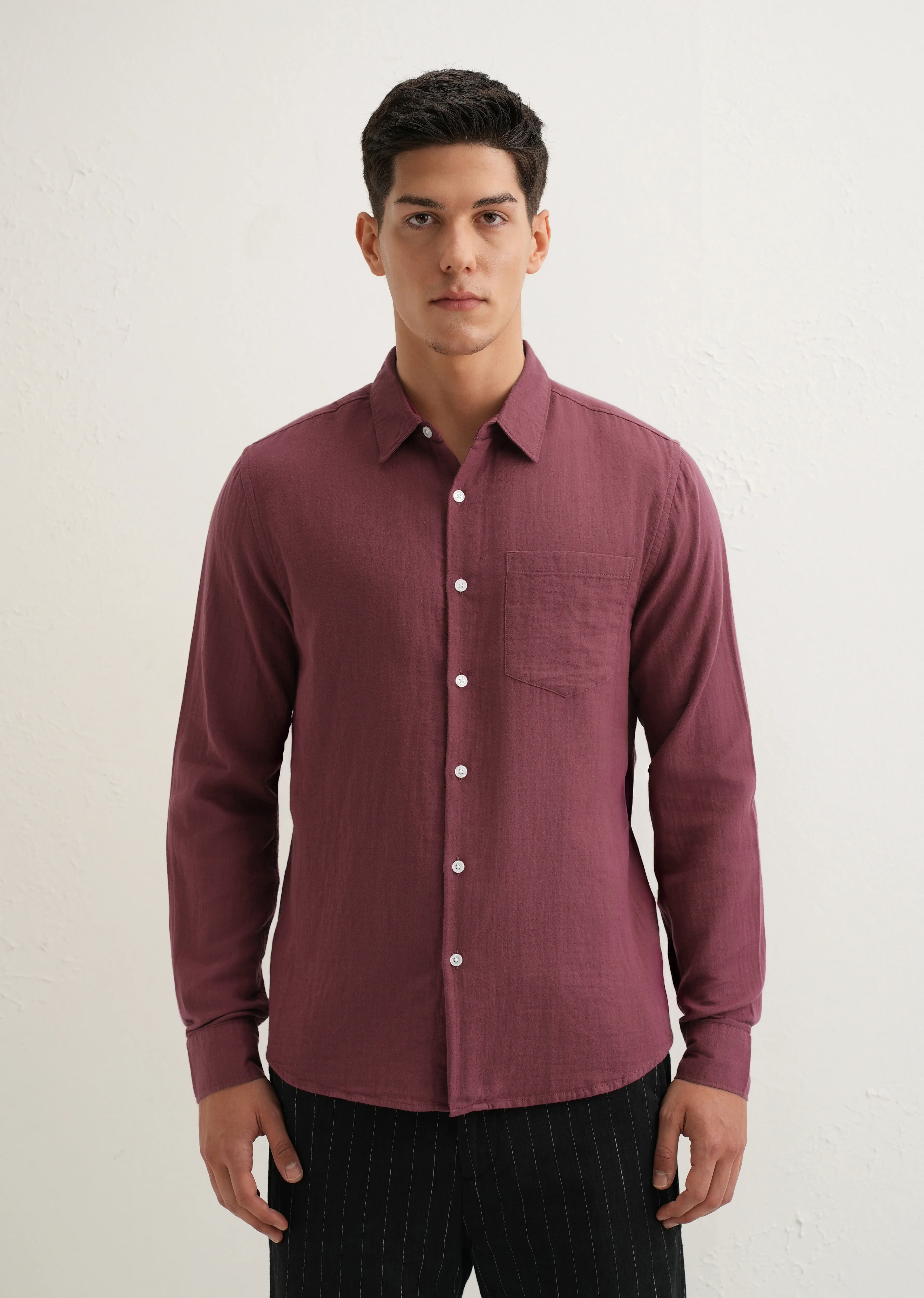 Burgundy Double Cloth Cotton Shirt - Image 3