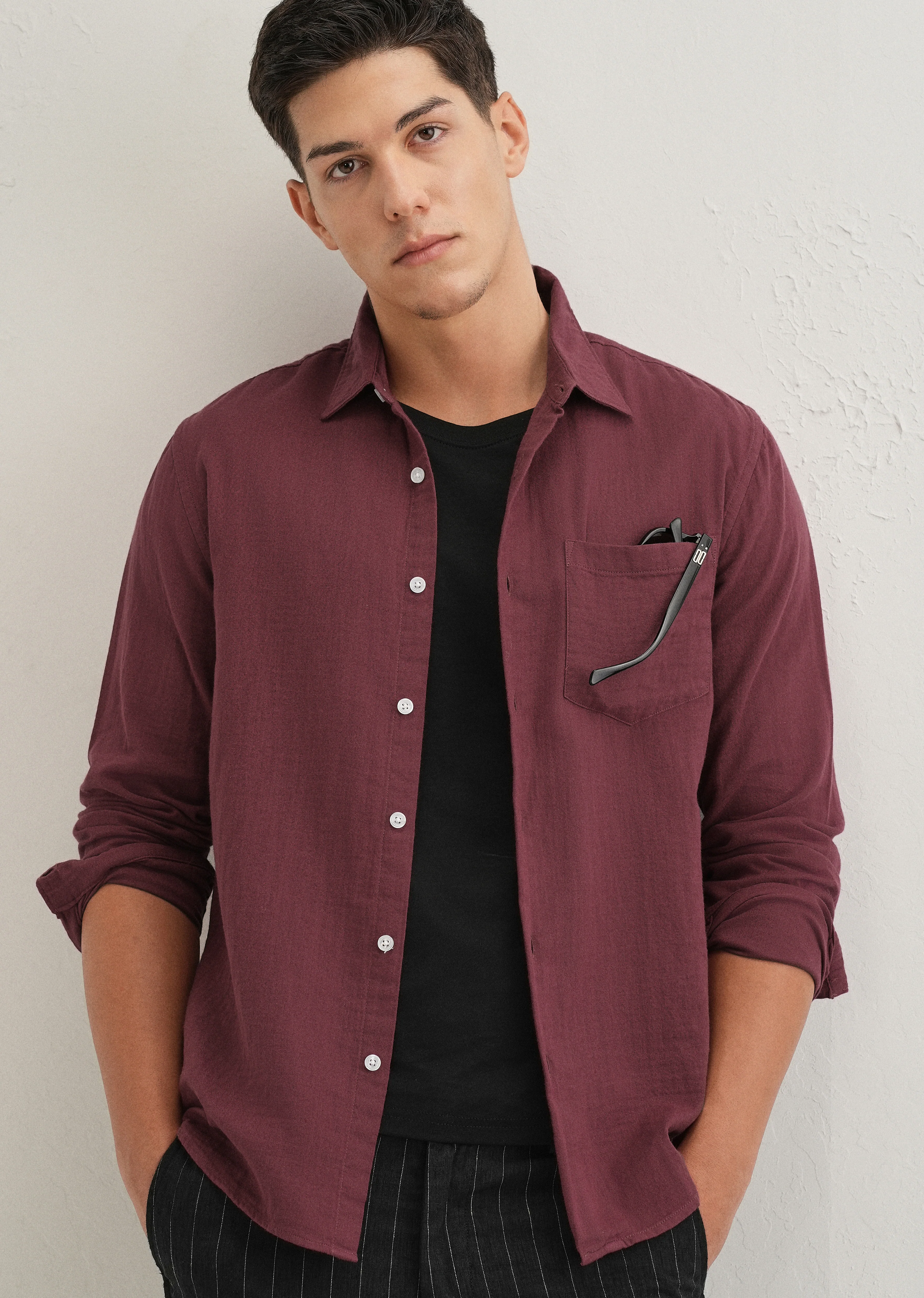 Burgundy Double Cloth Cotton Shirt - Image 7