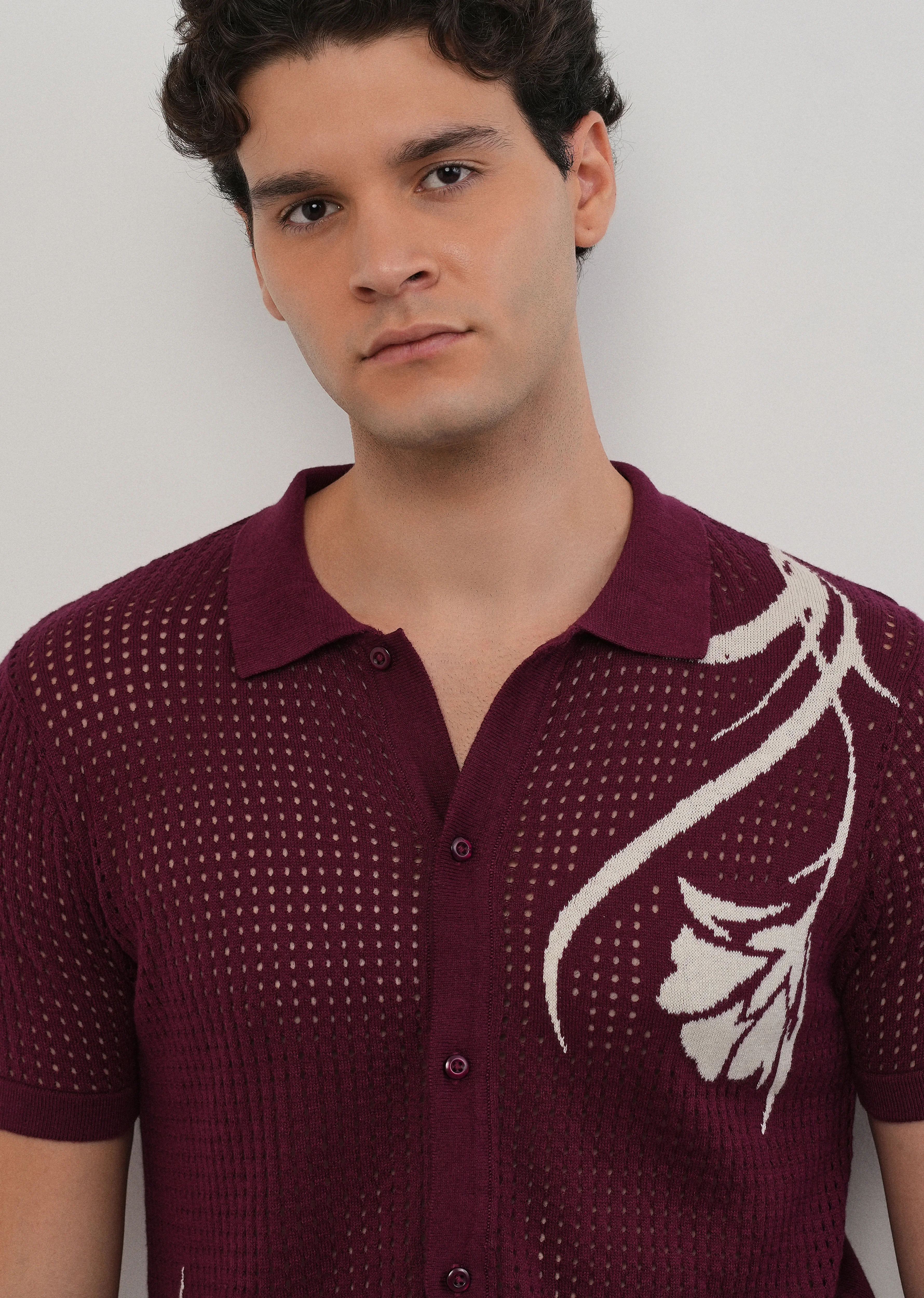 Burgundy Floral Open Knit Shirt - Image 5