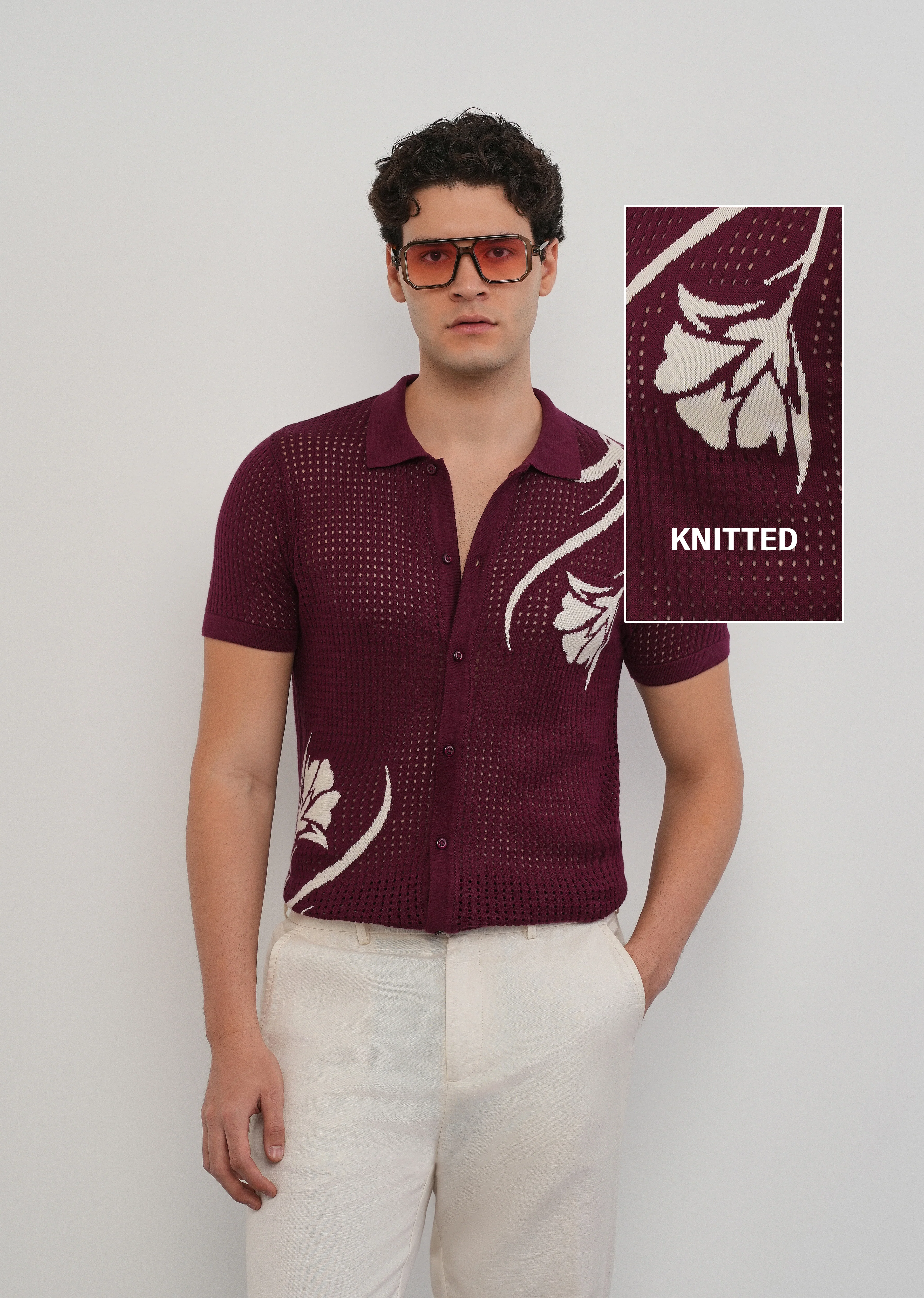 Burgundy Floral Open Knit Shirt - Image 7