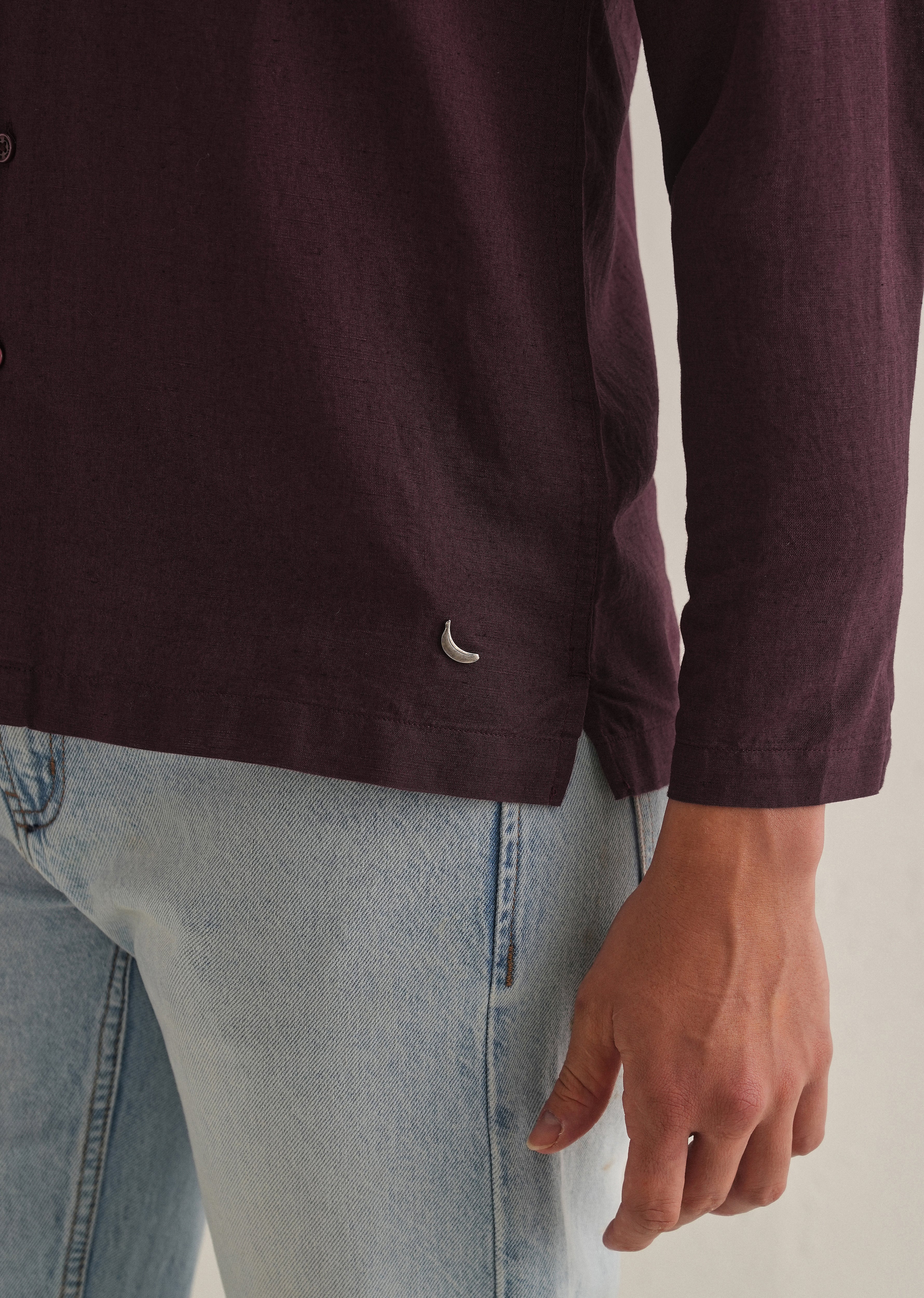 Burgundy Hidden Sleeve Placket Cotton Linen Shirt - Image 6