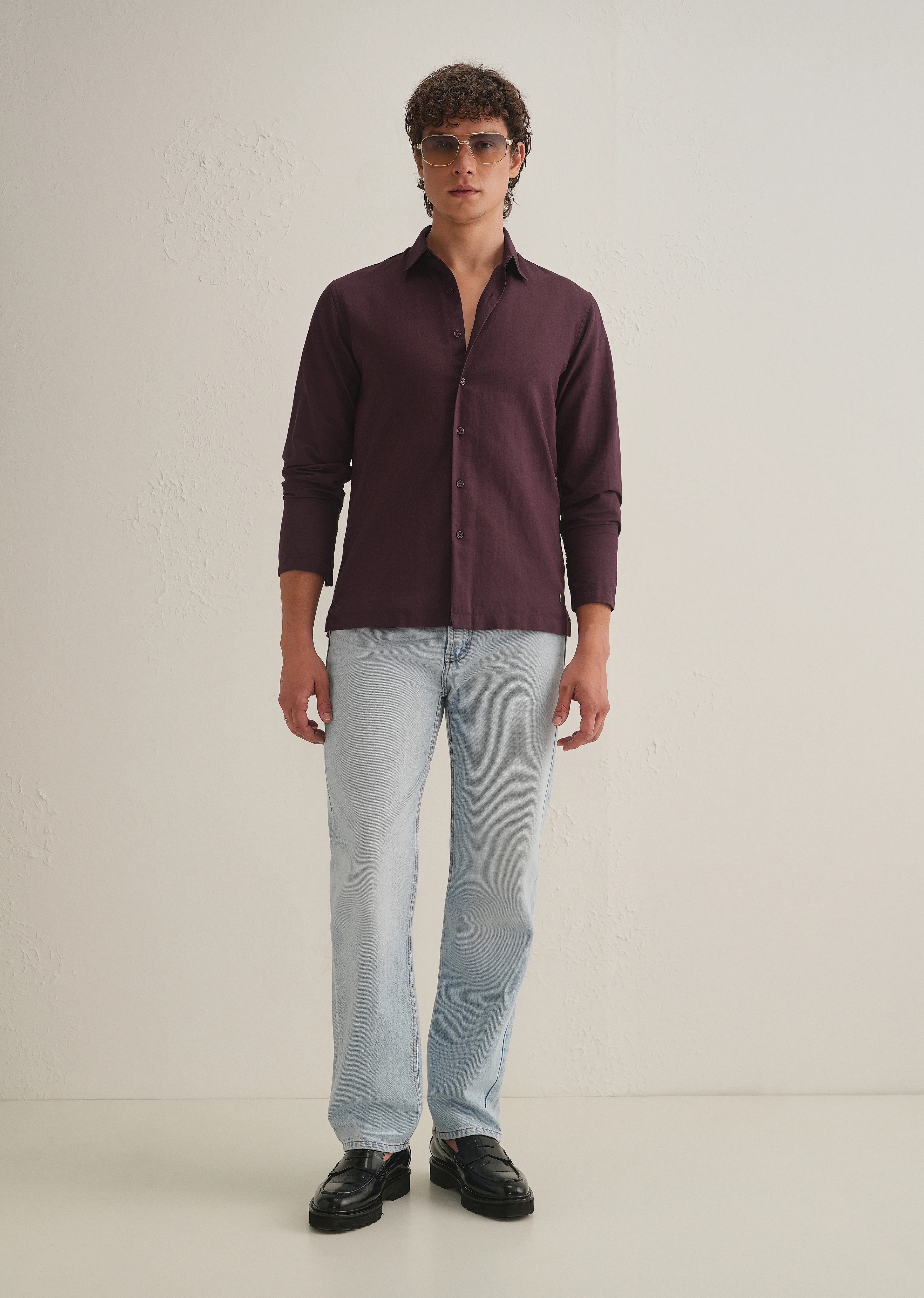 Burgundy Hidden Sleeve Placket Cotton Linen Shirt - Image 7