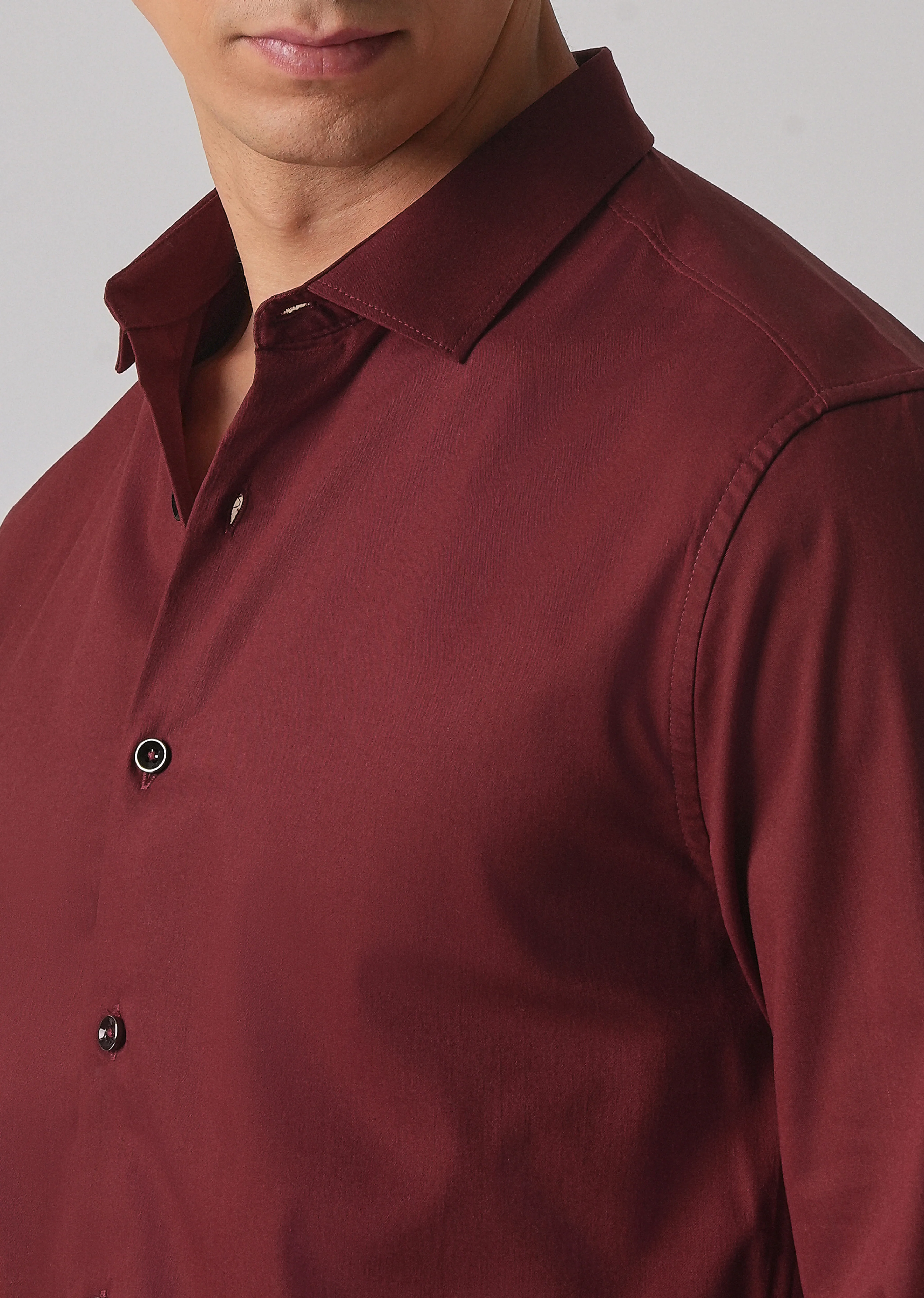 Burgundy Red Cotton Stretch Plain Shirt - Image 5