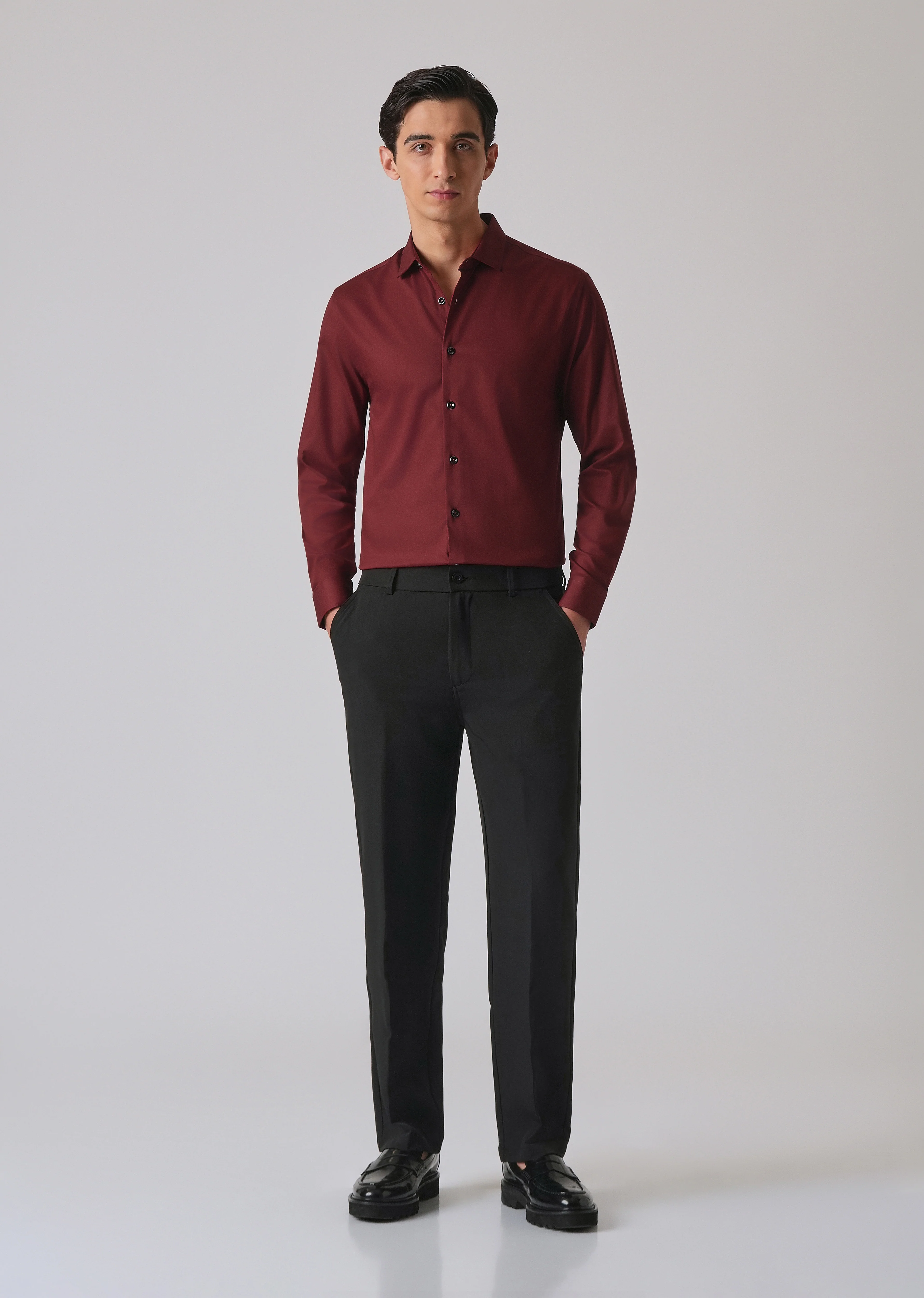 Burgundy Red Cotton Stretch Plain Shirt - Image 6