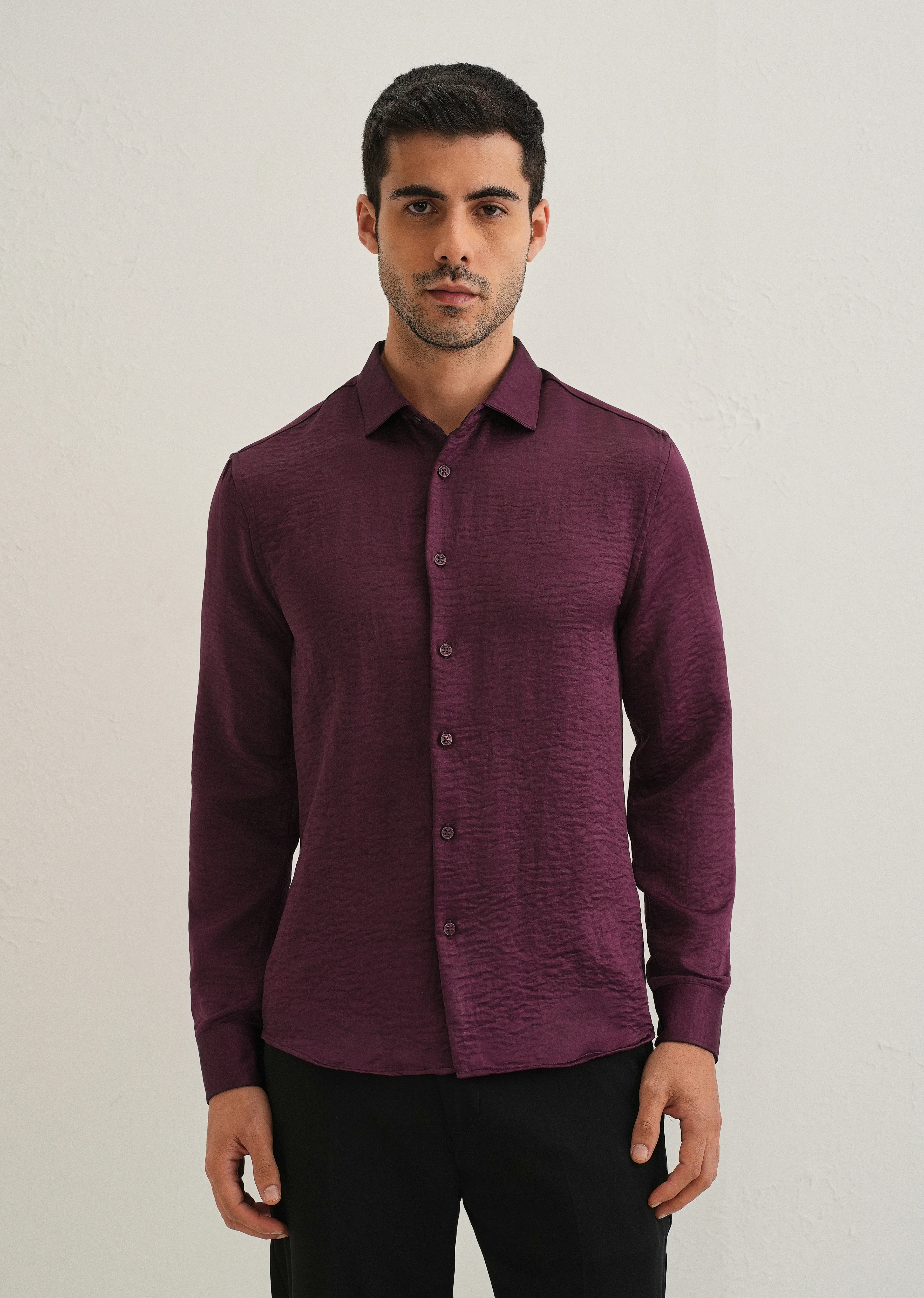 Burgundy Red Plain Crushed Satin Shirt - Image 2