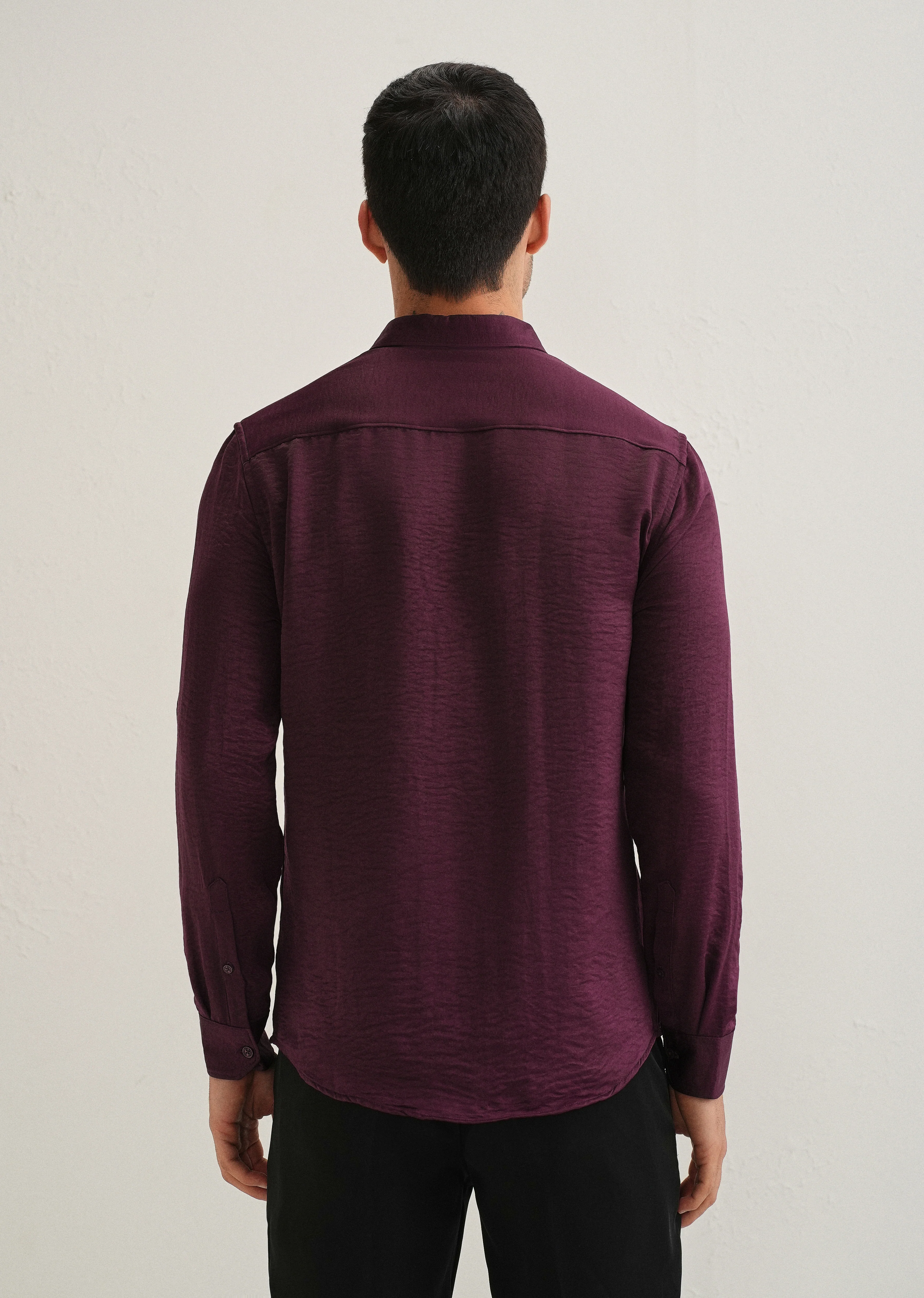 Burgundy Red Plain Crushed Satin Shirt - Image 3