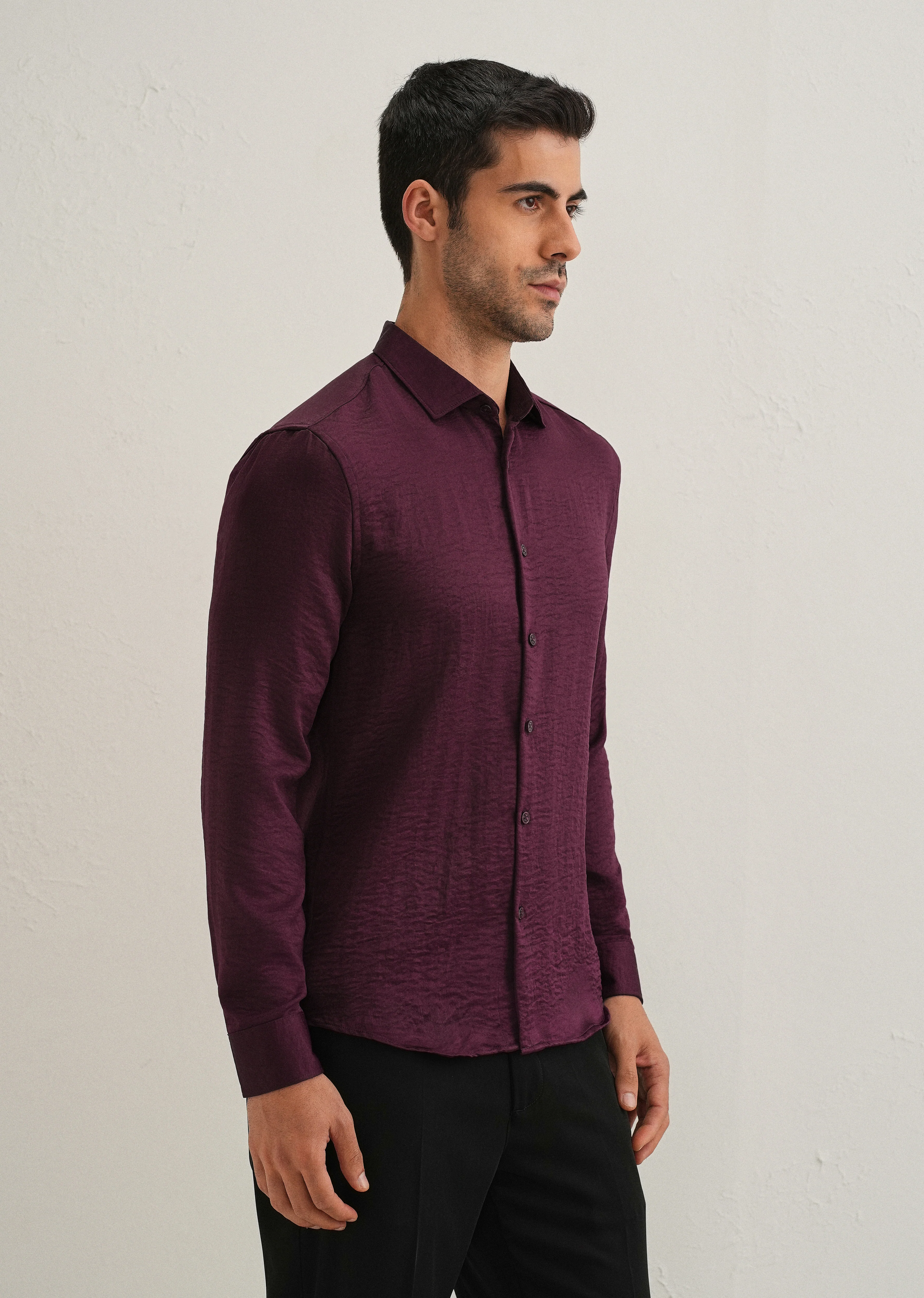 Burgundy Red Plain Crushed Satin Shirt - Image 4