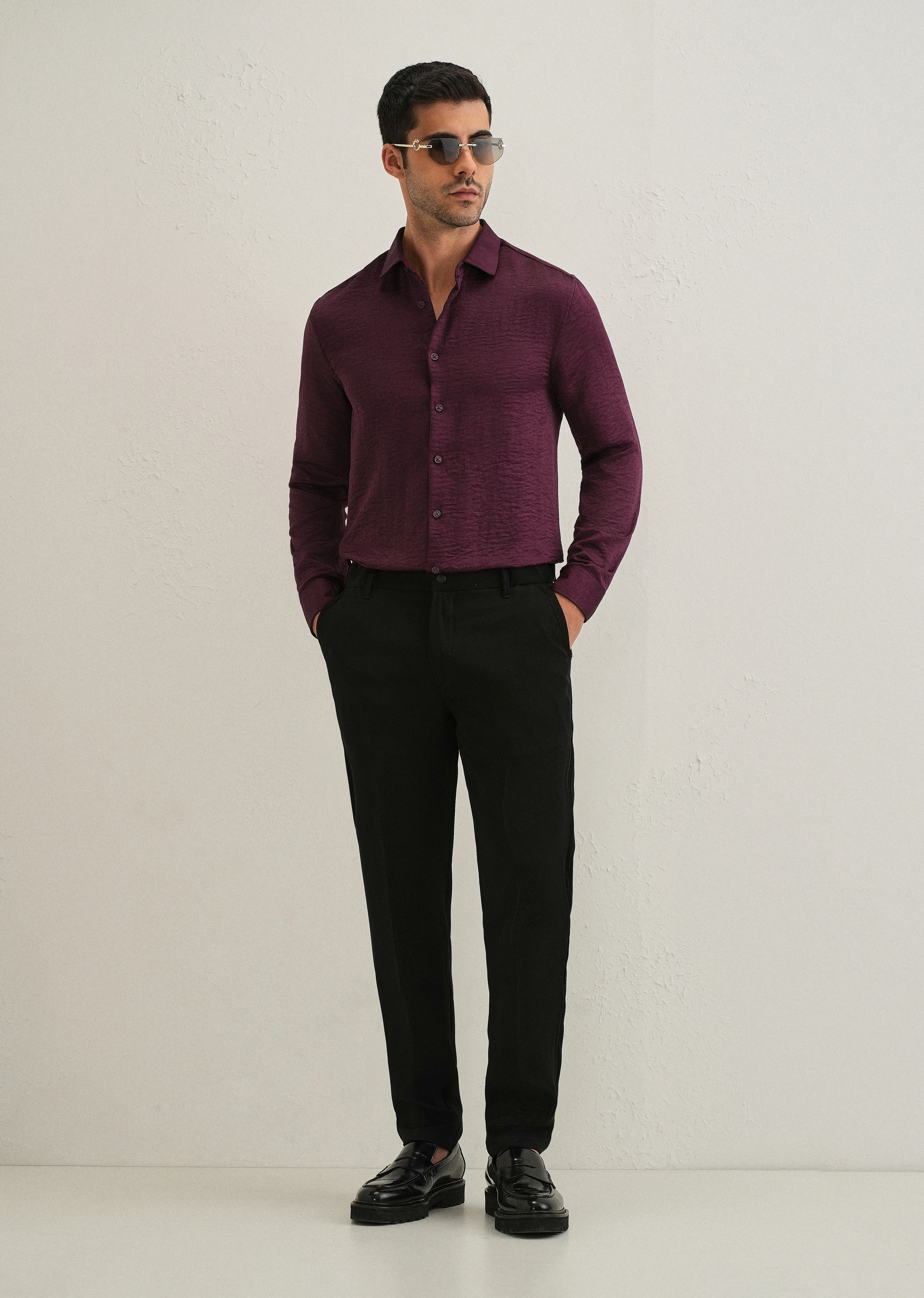 Burgundy Red Plain Crushed Satin Shirt - Image 6