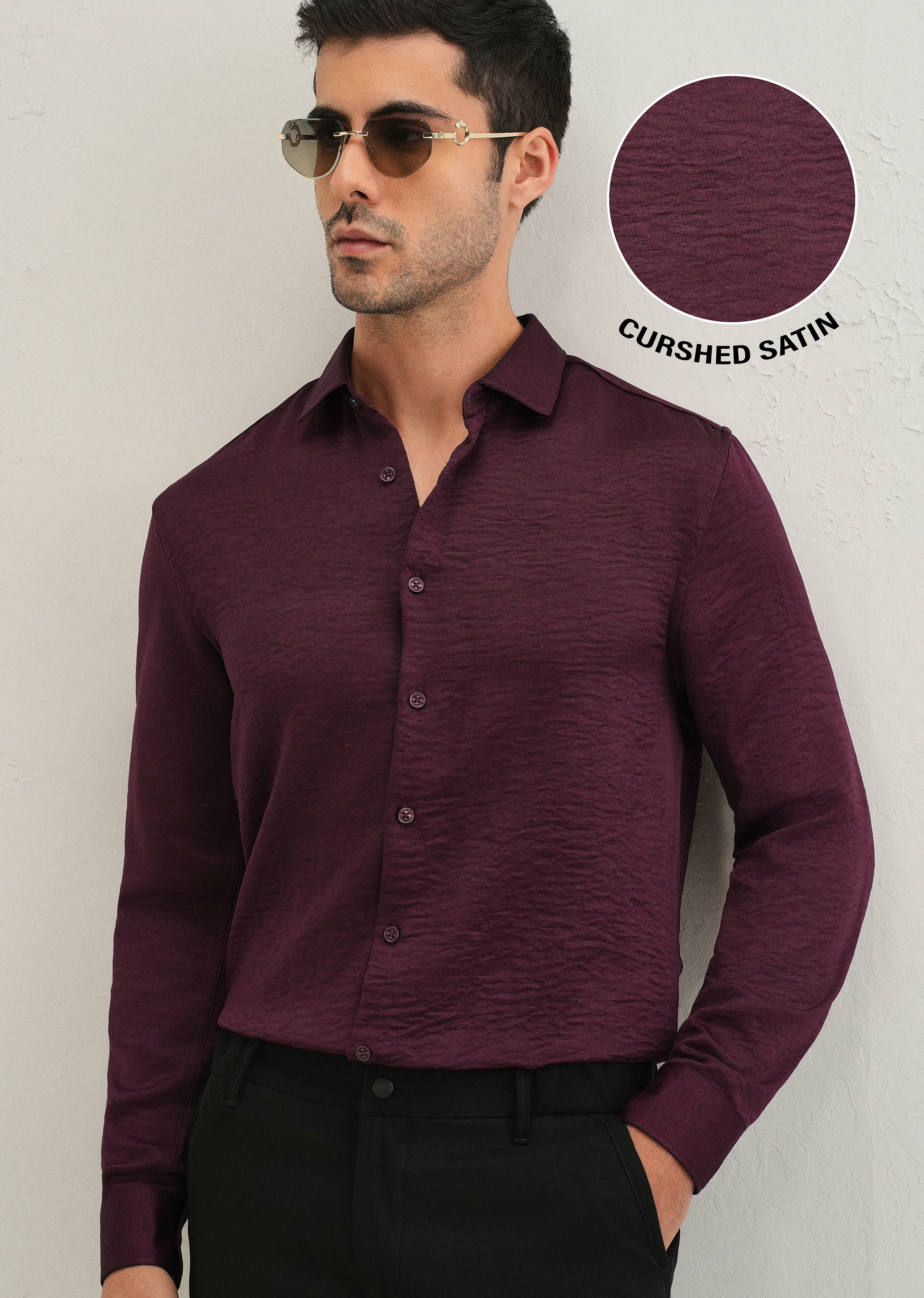 Burgundy Red Plain Crushed Satin Shirt - Image 7