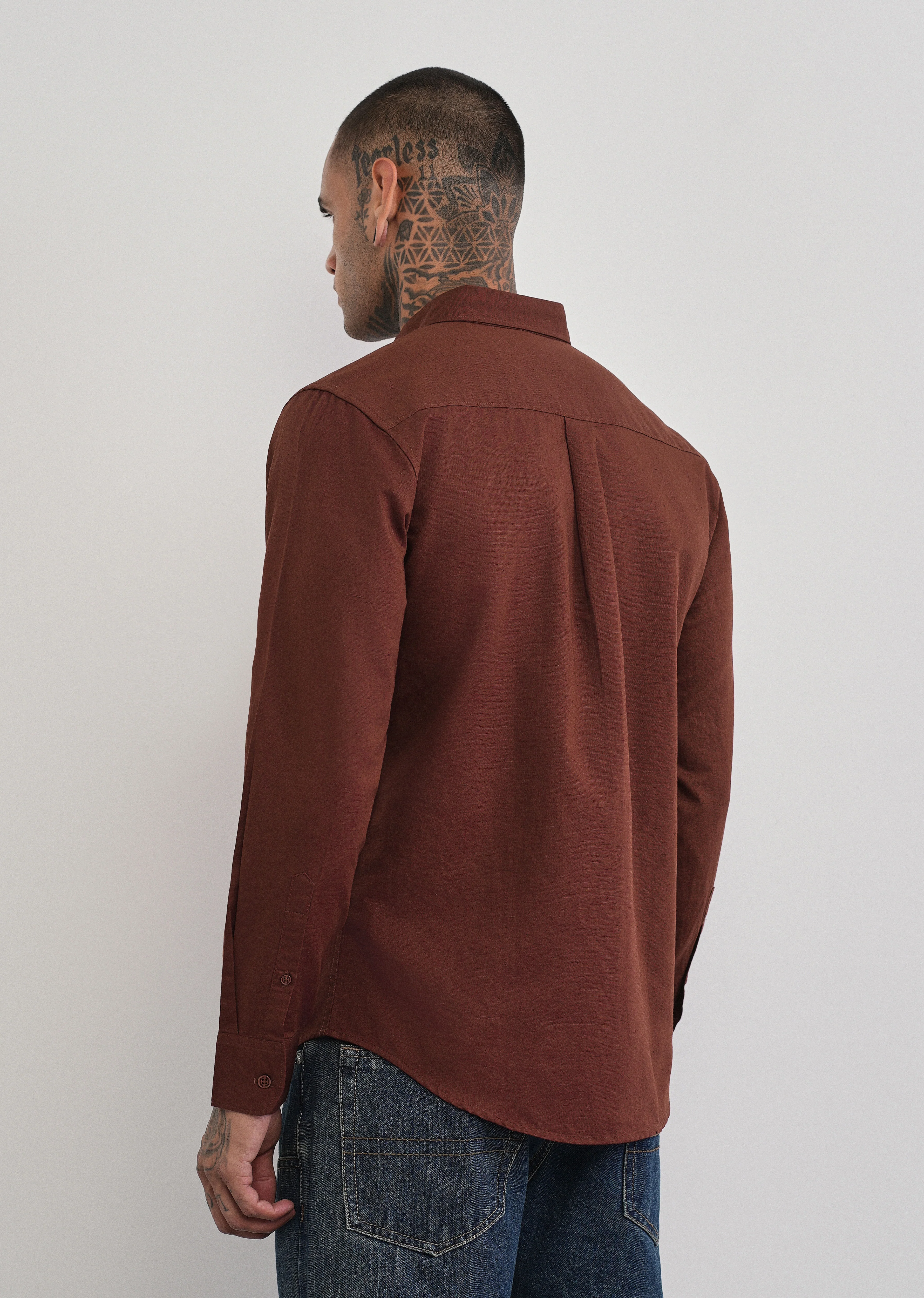 Burnt Maroon Cotton Linen Plain Shirt - Image 2