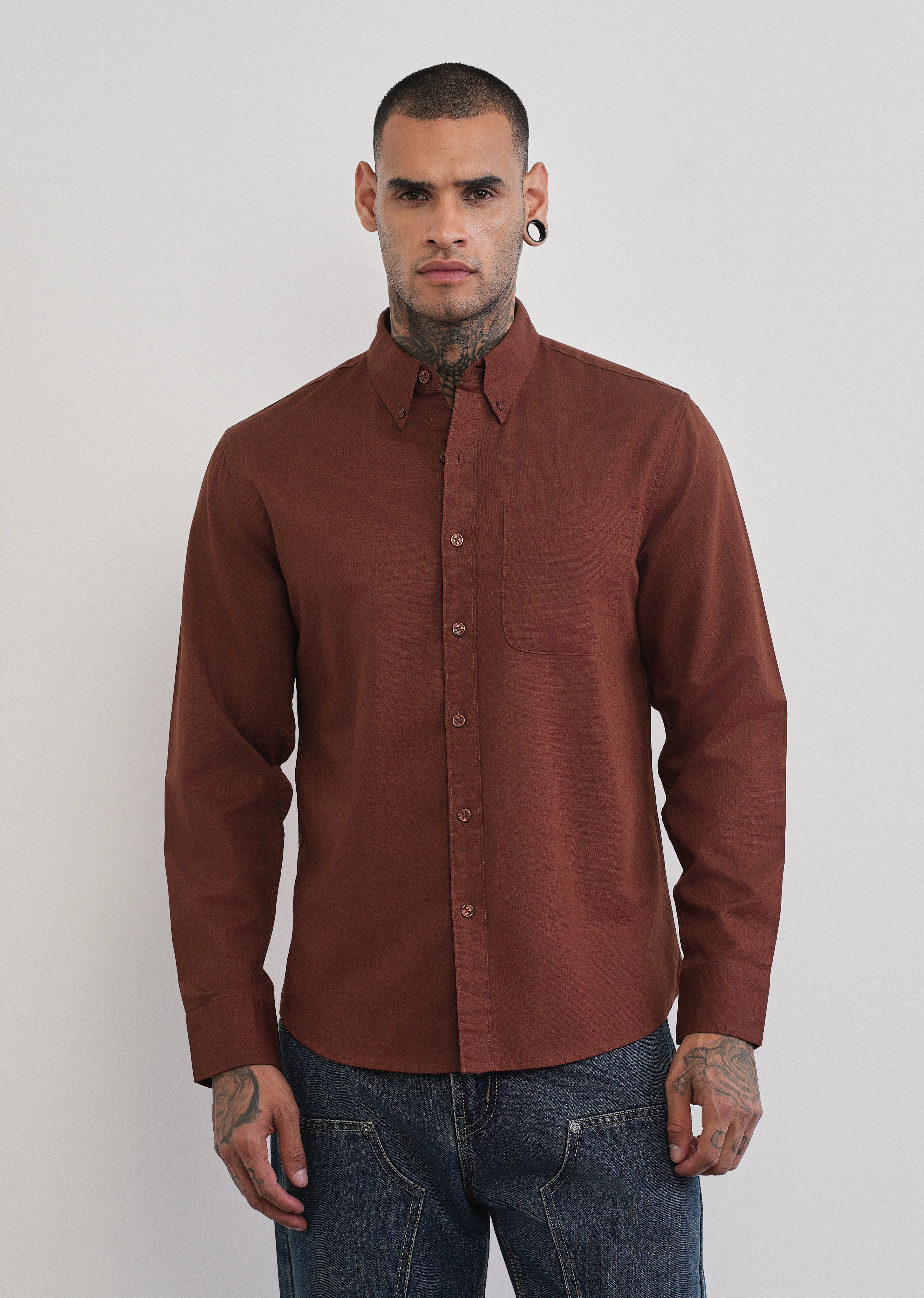Burnt Maroon Cotton Linen Plain Shirt - Image 3