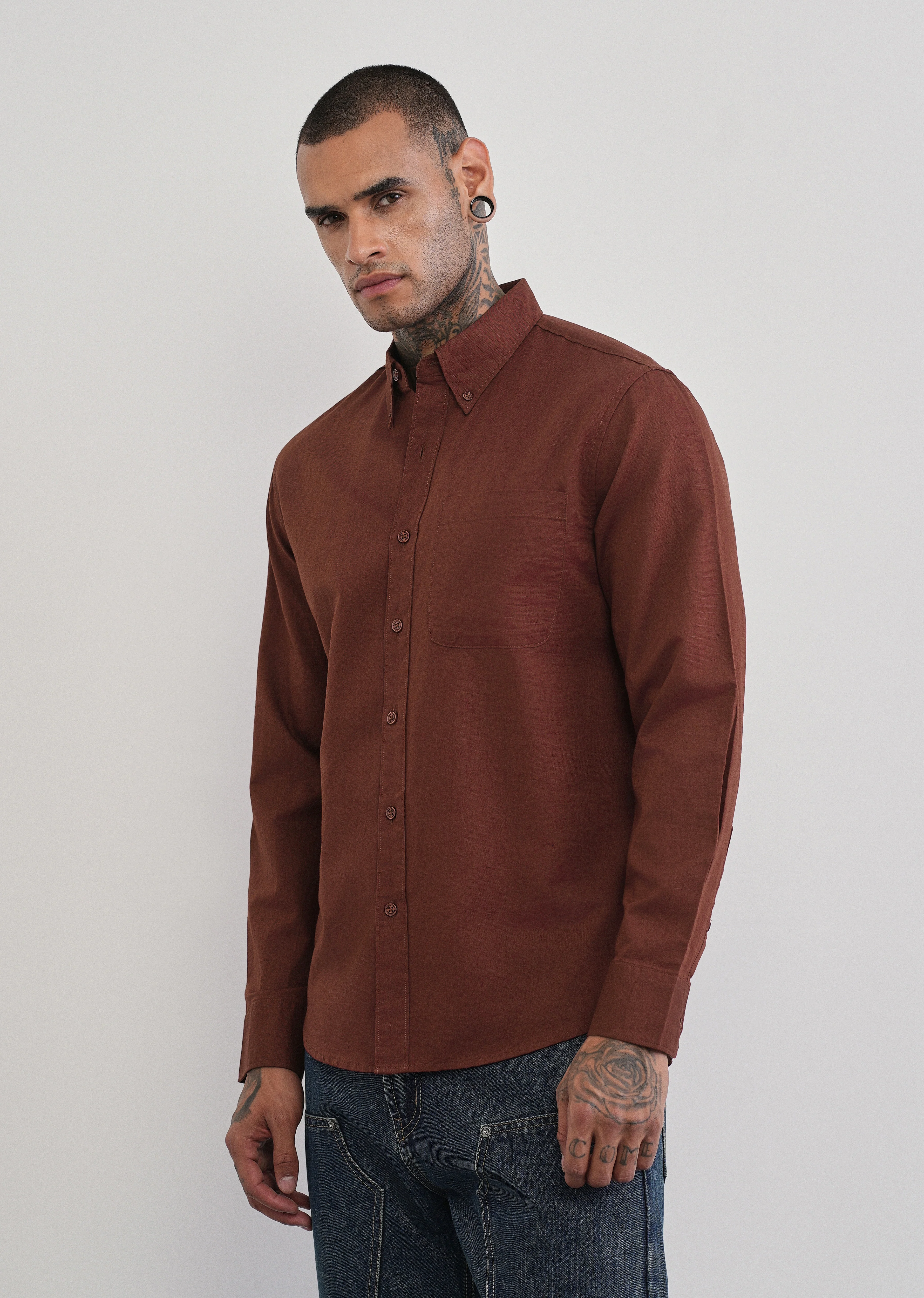 Burnt Maroon Cotton Linen Plain Shirt - Image 4