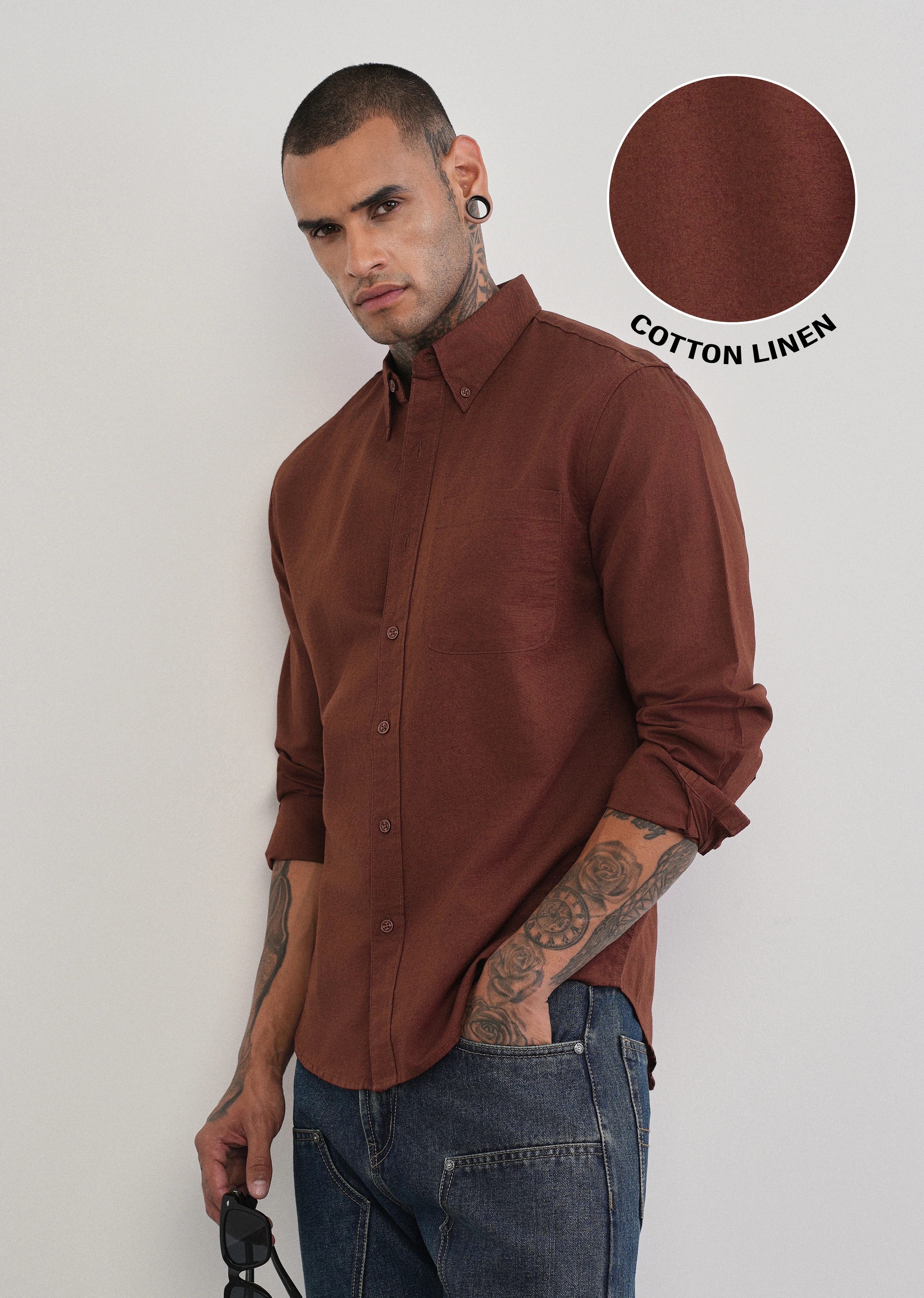 Burnt Maroon Cotton Linen Plain Shirt - Image 7