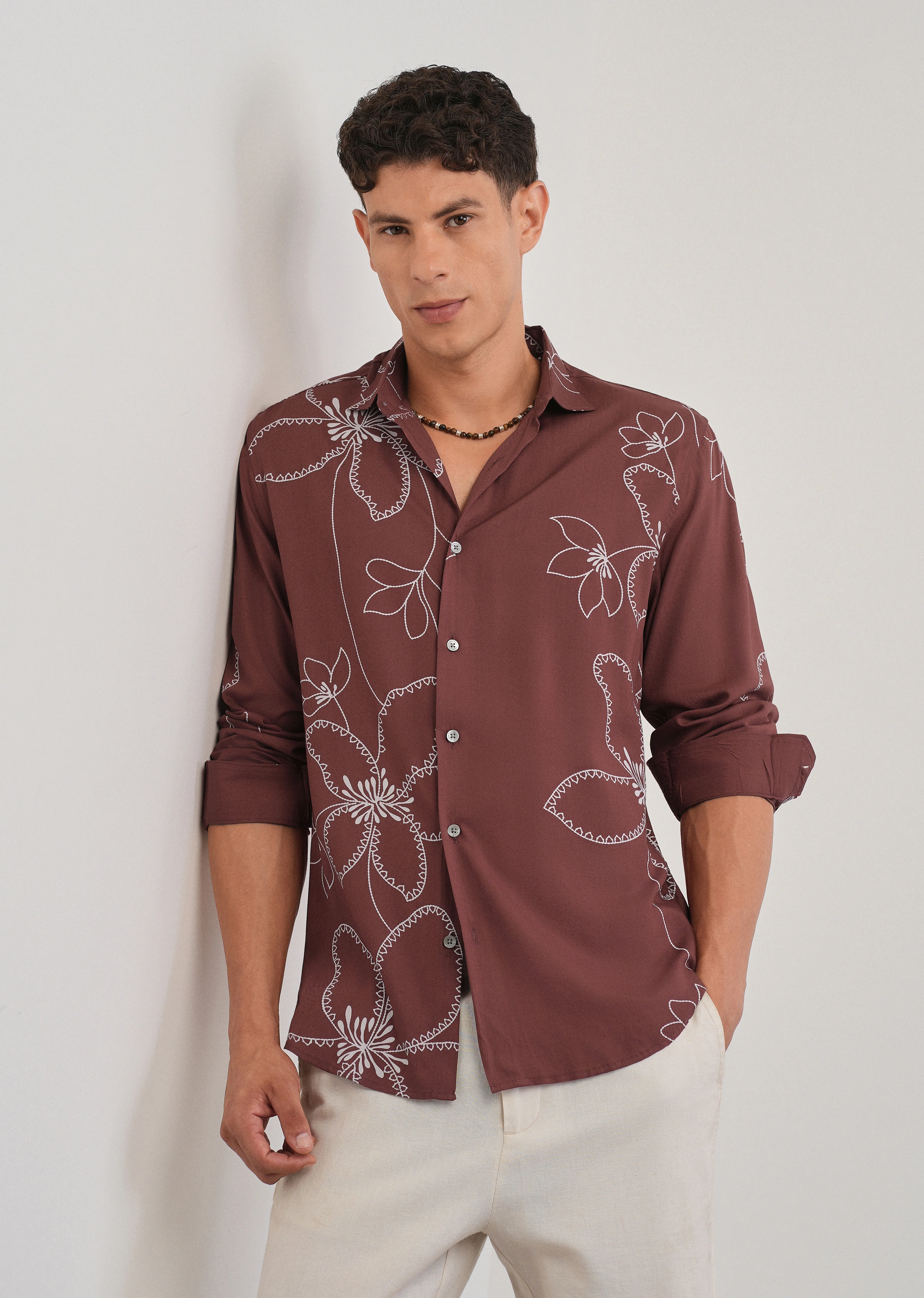 Burnt Umber Artistic Floral Printed Shirt - Image 7