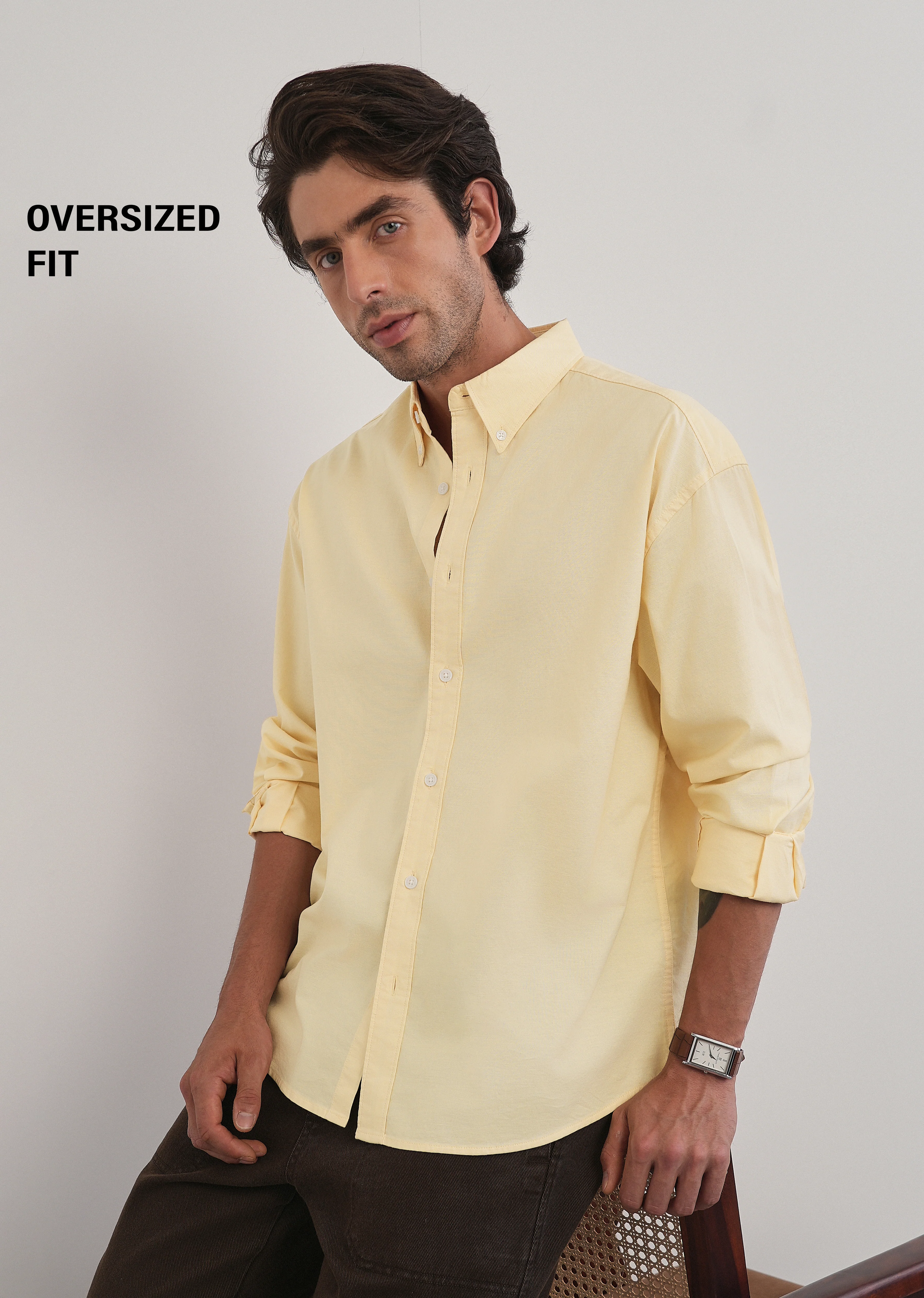 Butter Yellow Cotton Stretch Oversized Shirt - Image 7