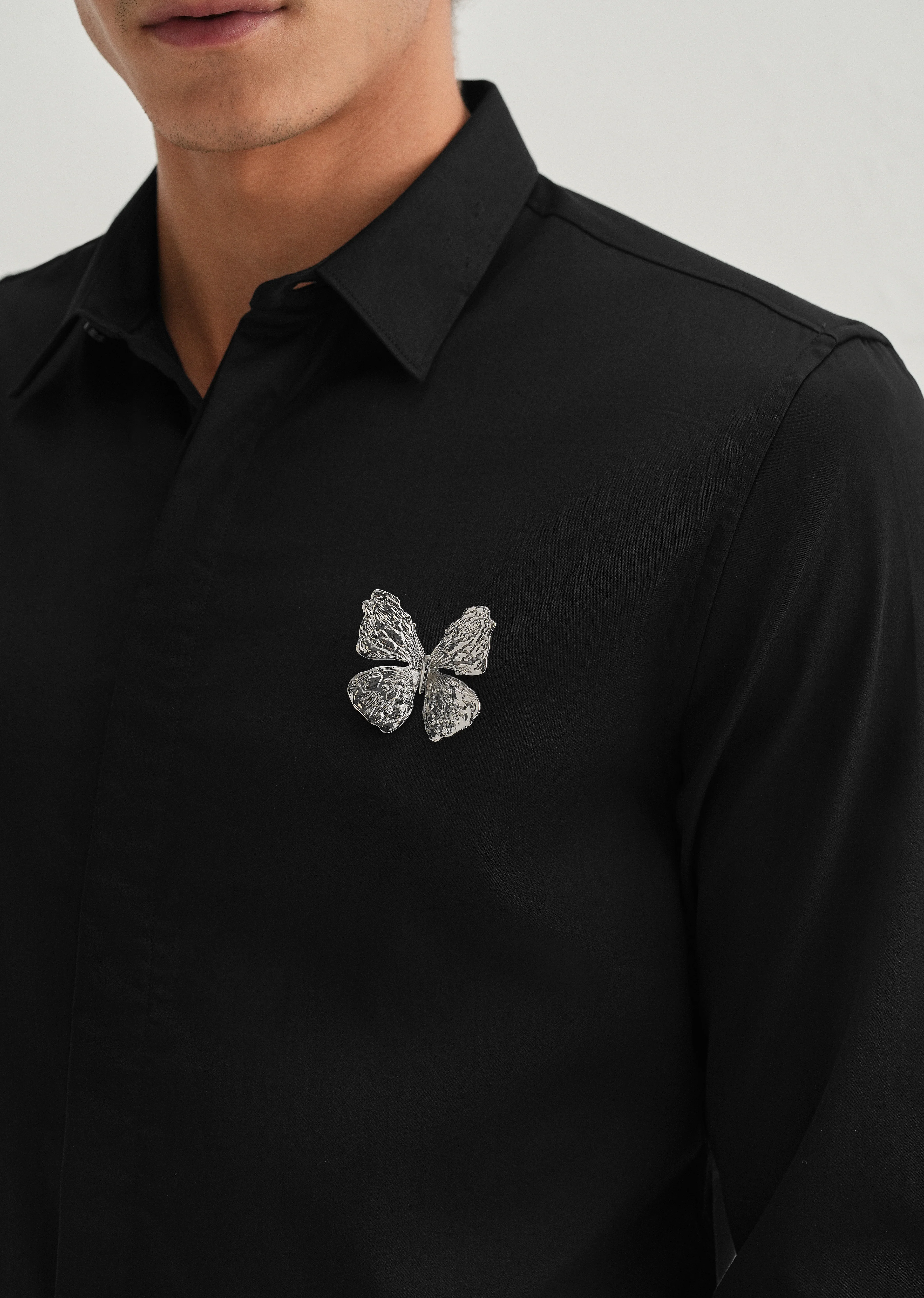 Butterfly Brooch Black Designer Shirt - Image 5