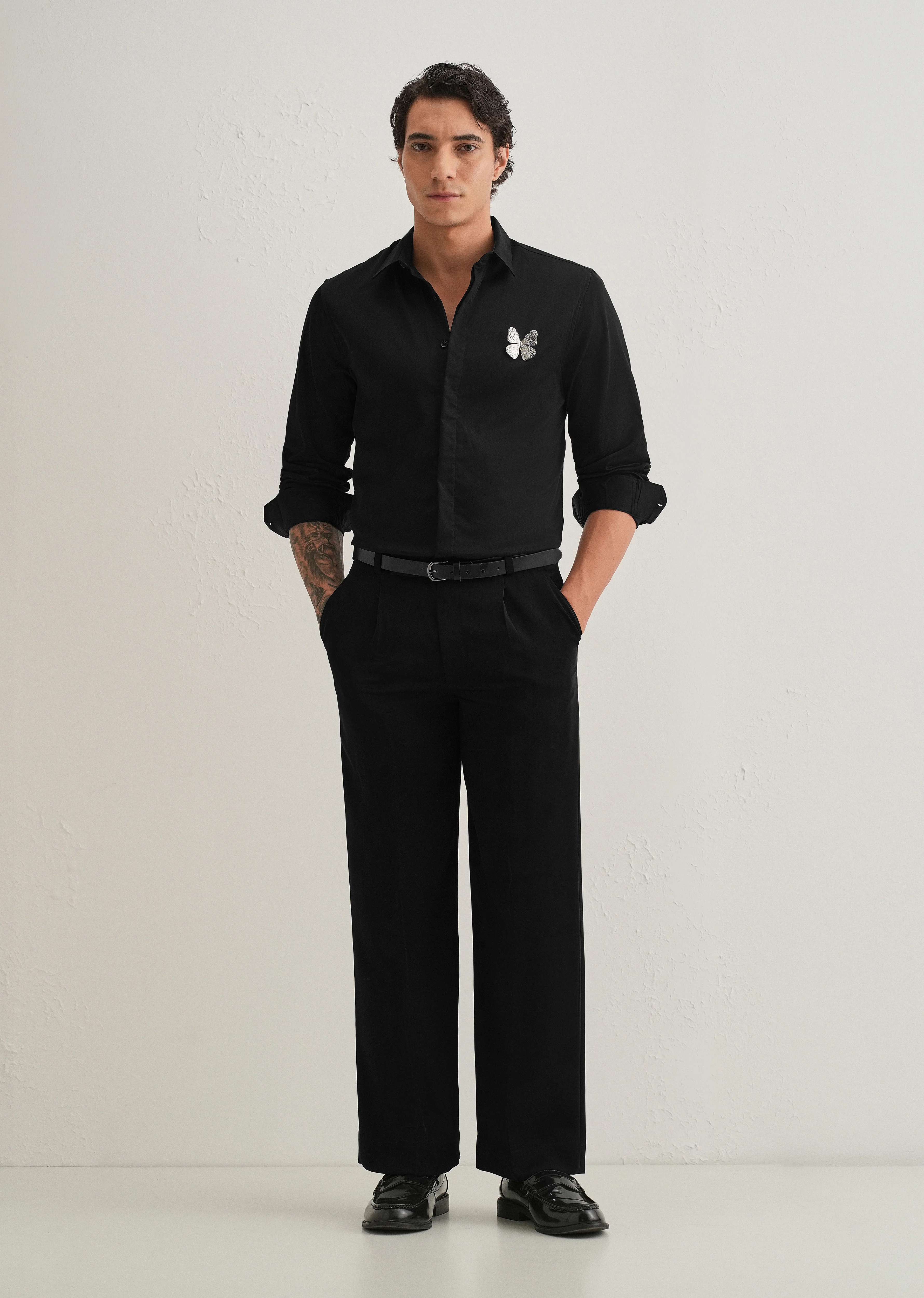 Butterfly Brooch Black Designer Shirt - Image 6