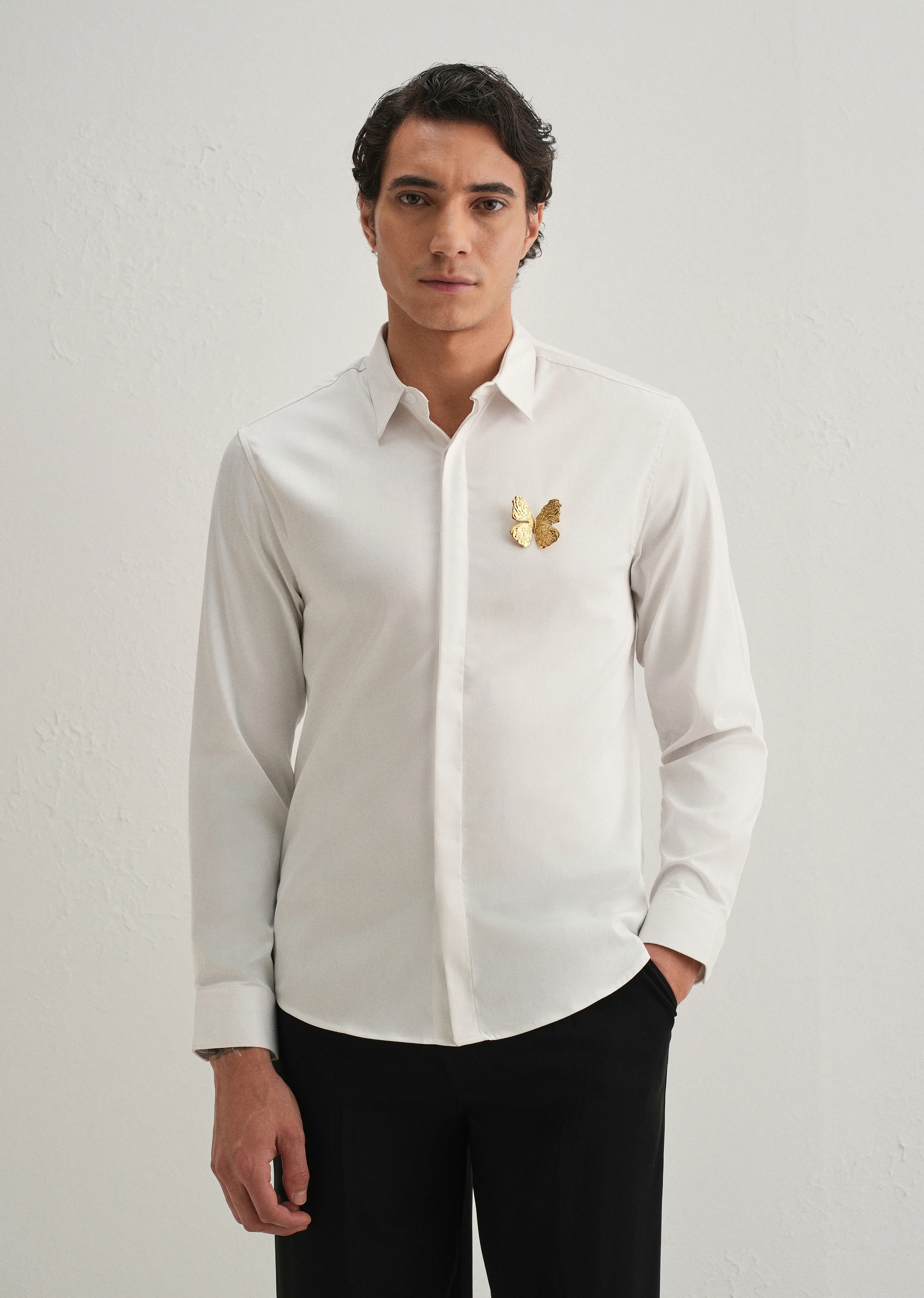 Butterfly Brooch White Designer Shirt - Image 3