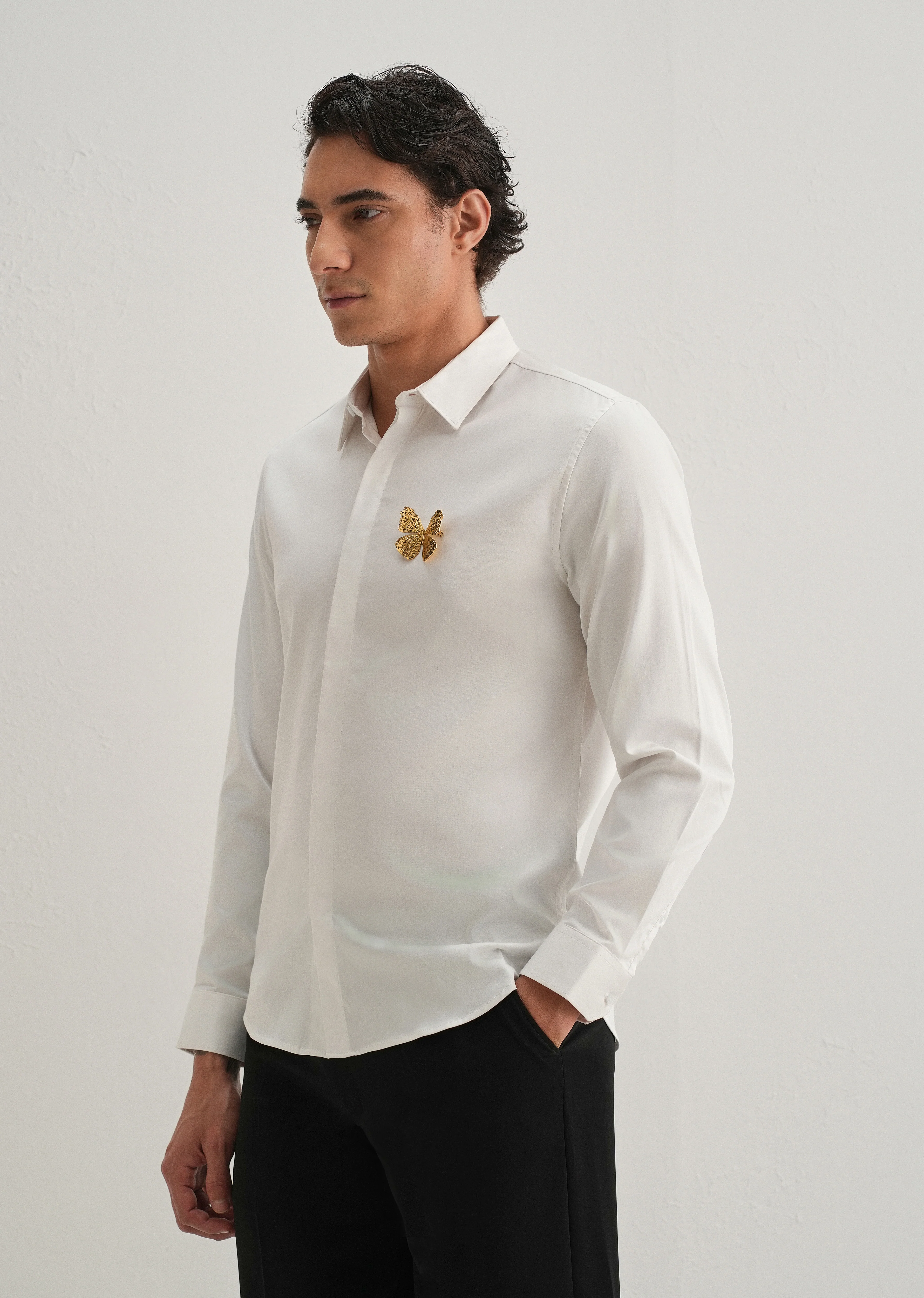 Butterfly Brooch White Designer Shirt - Image 4