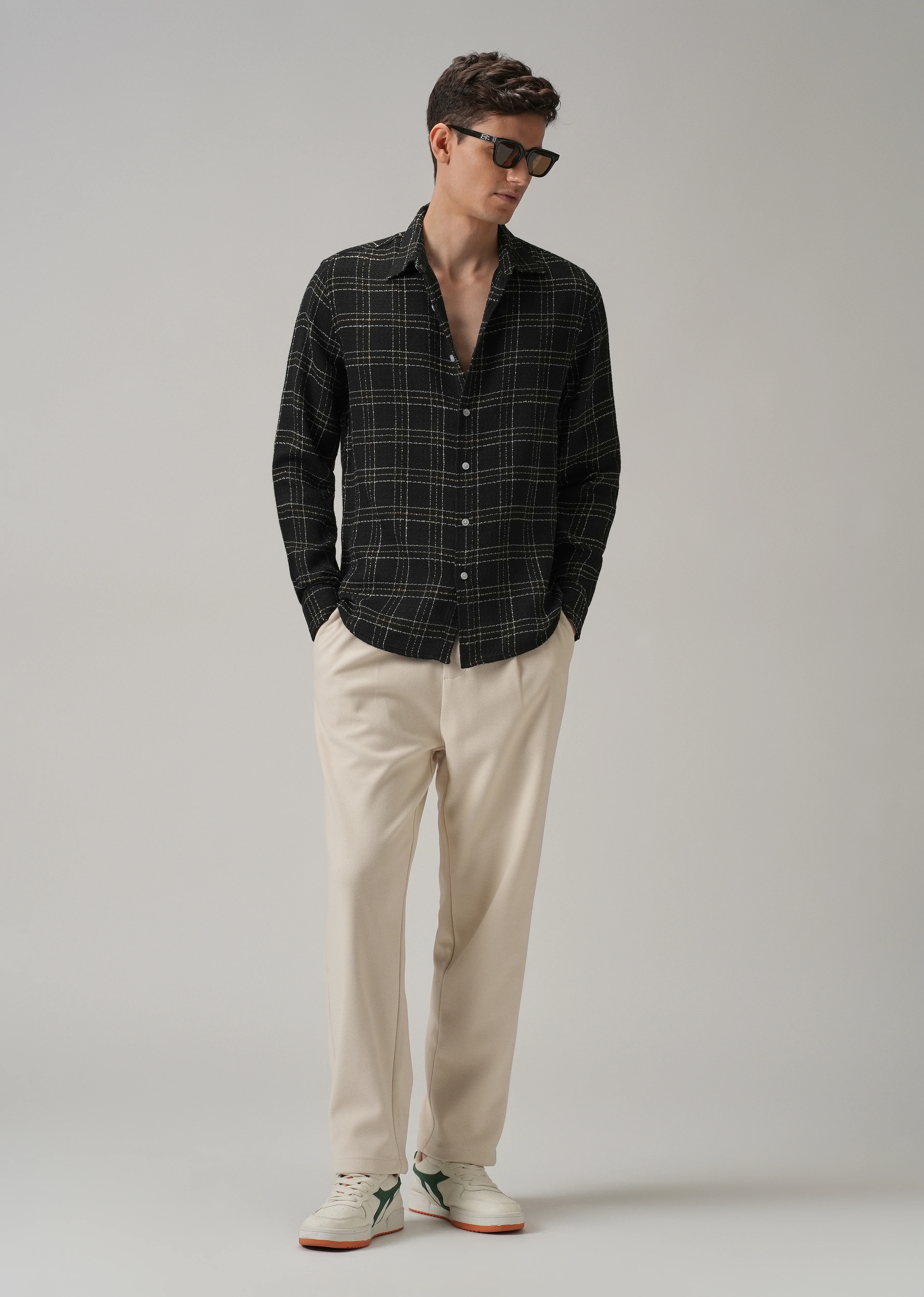 Charcoal Plaid Textured Cotton Check Shirt - Image 6