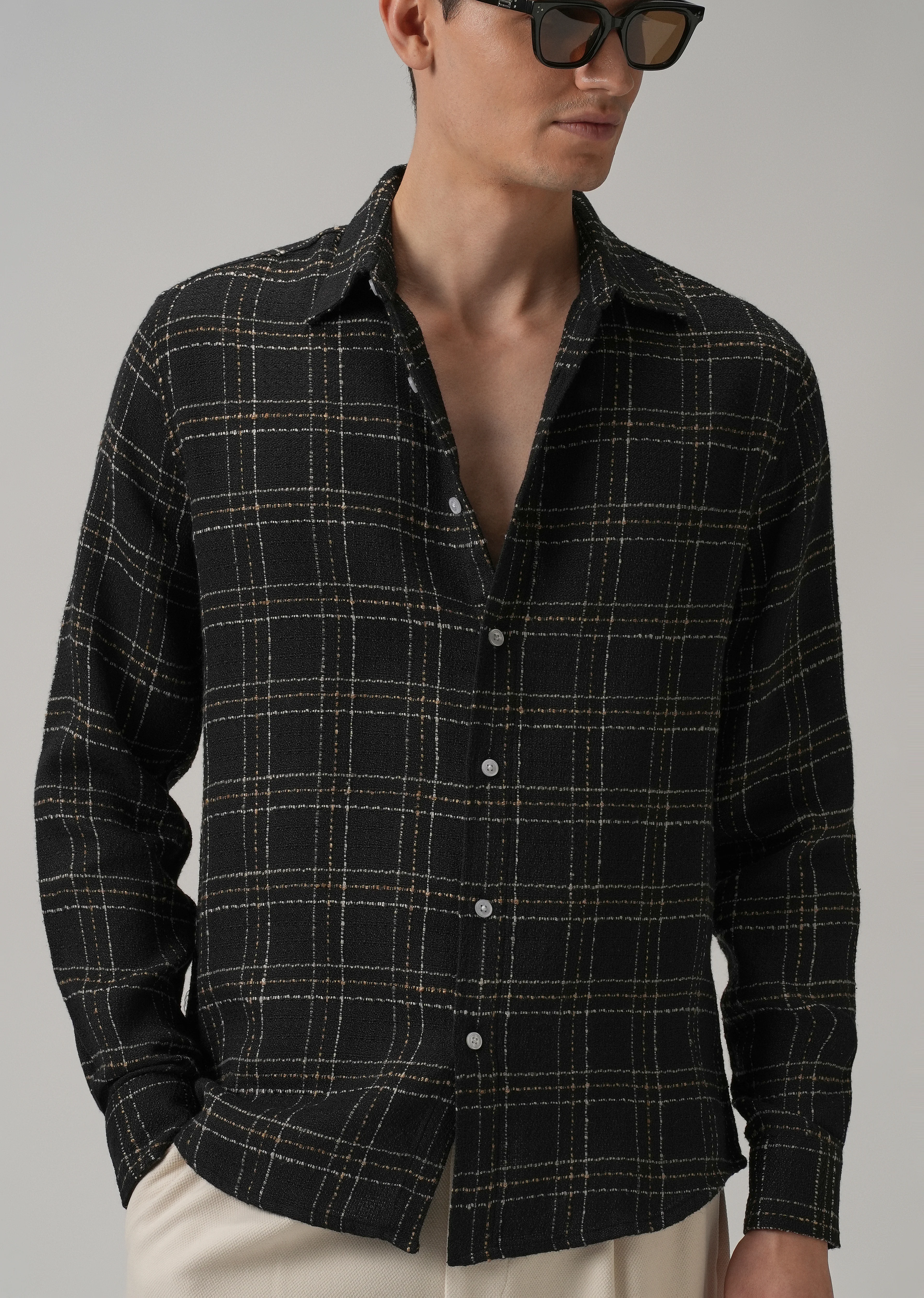 Charcoal Plaid Textured Cotton Check Shirt - Image 7