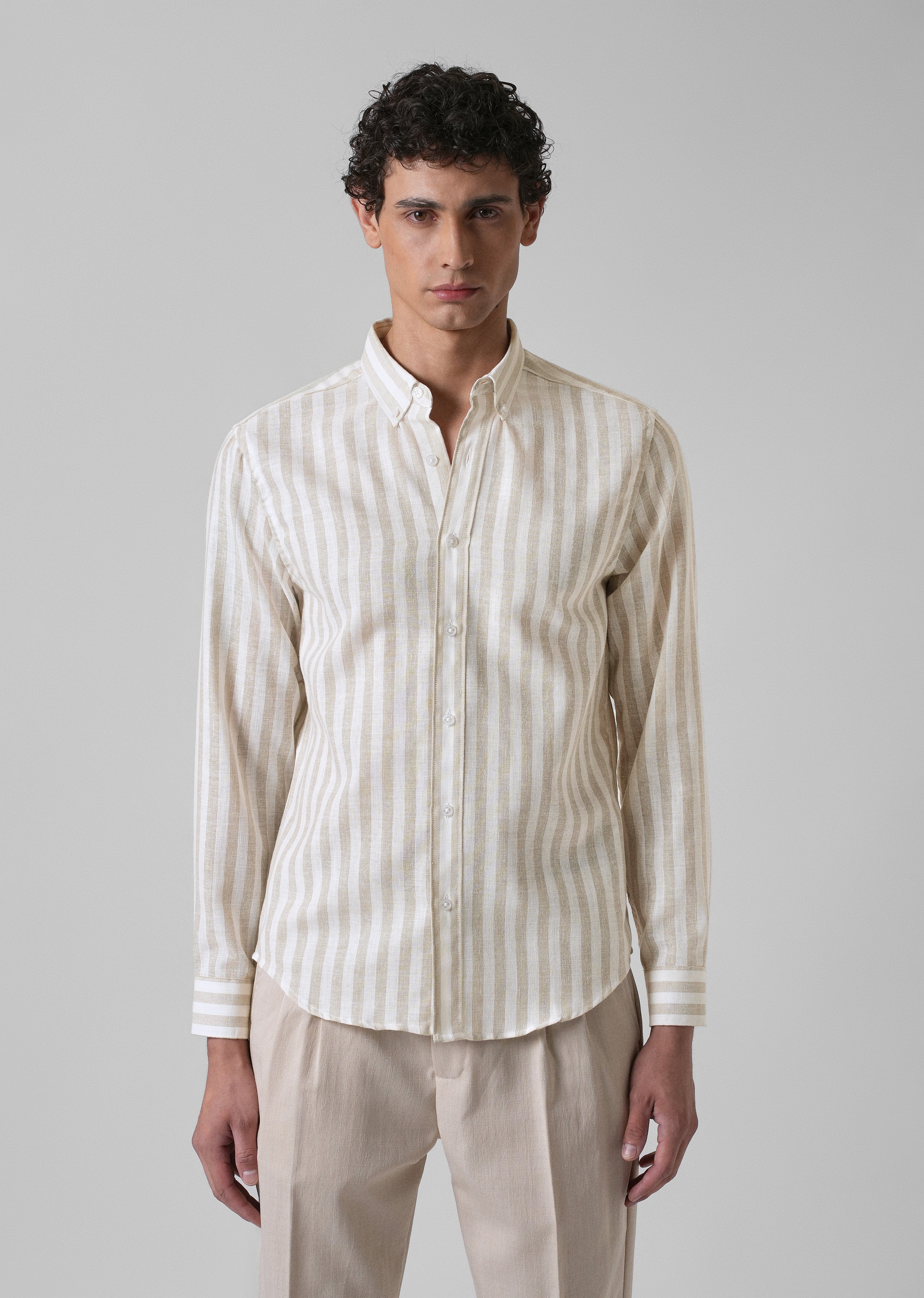 Classic Beige Stripe Blended Linen shirt - Image 3
