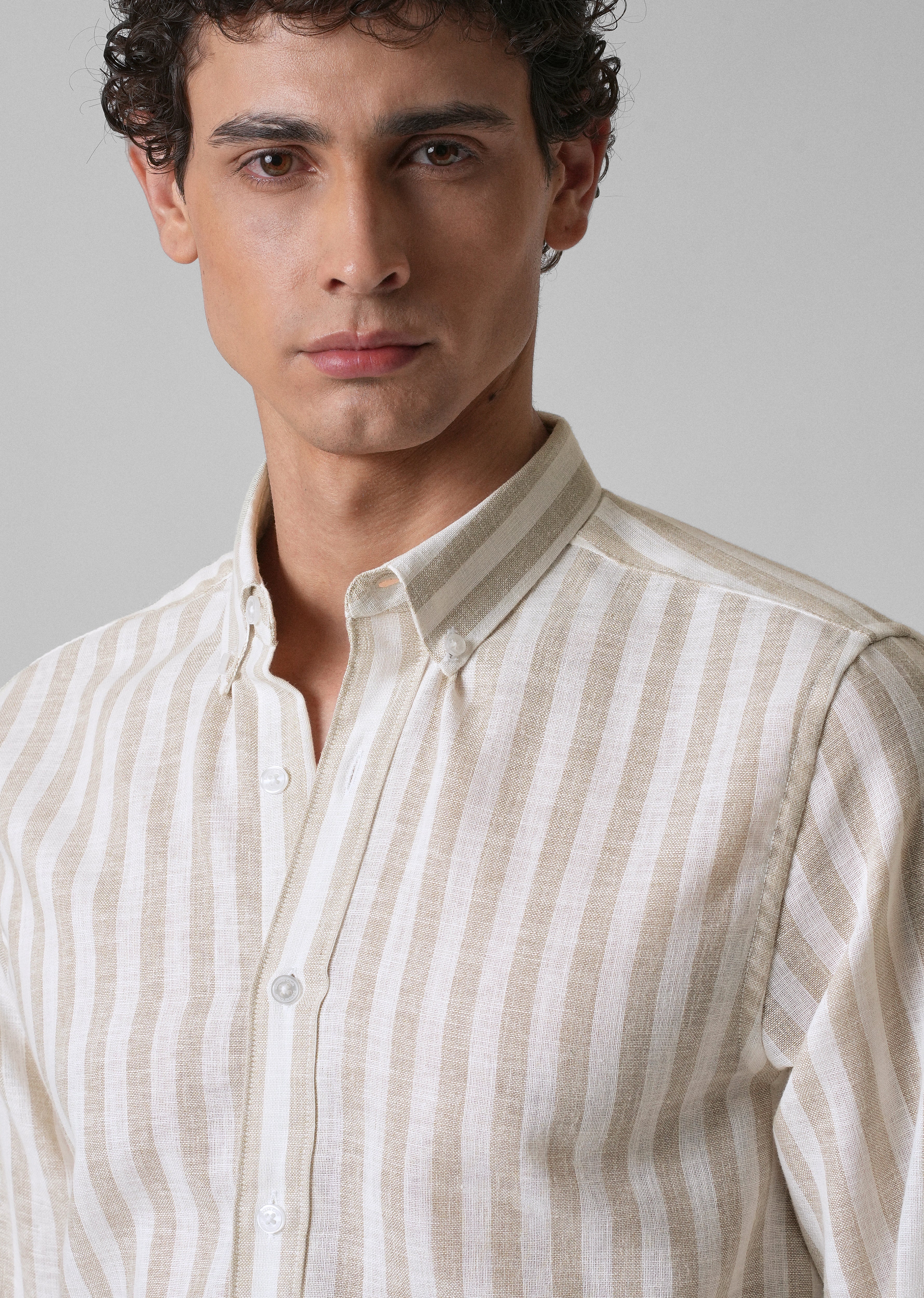 Classic Beige Stripe Blended Linen shirt - Image 5
